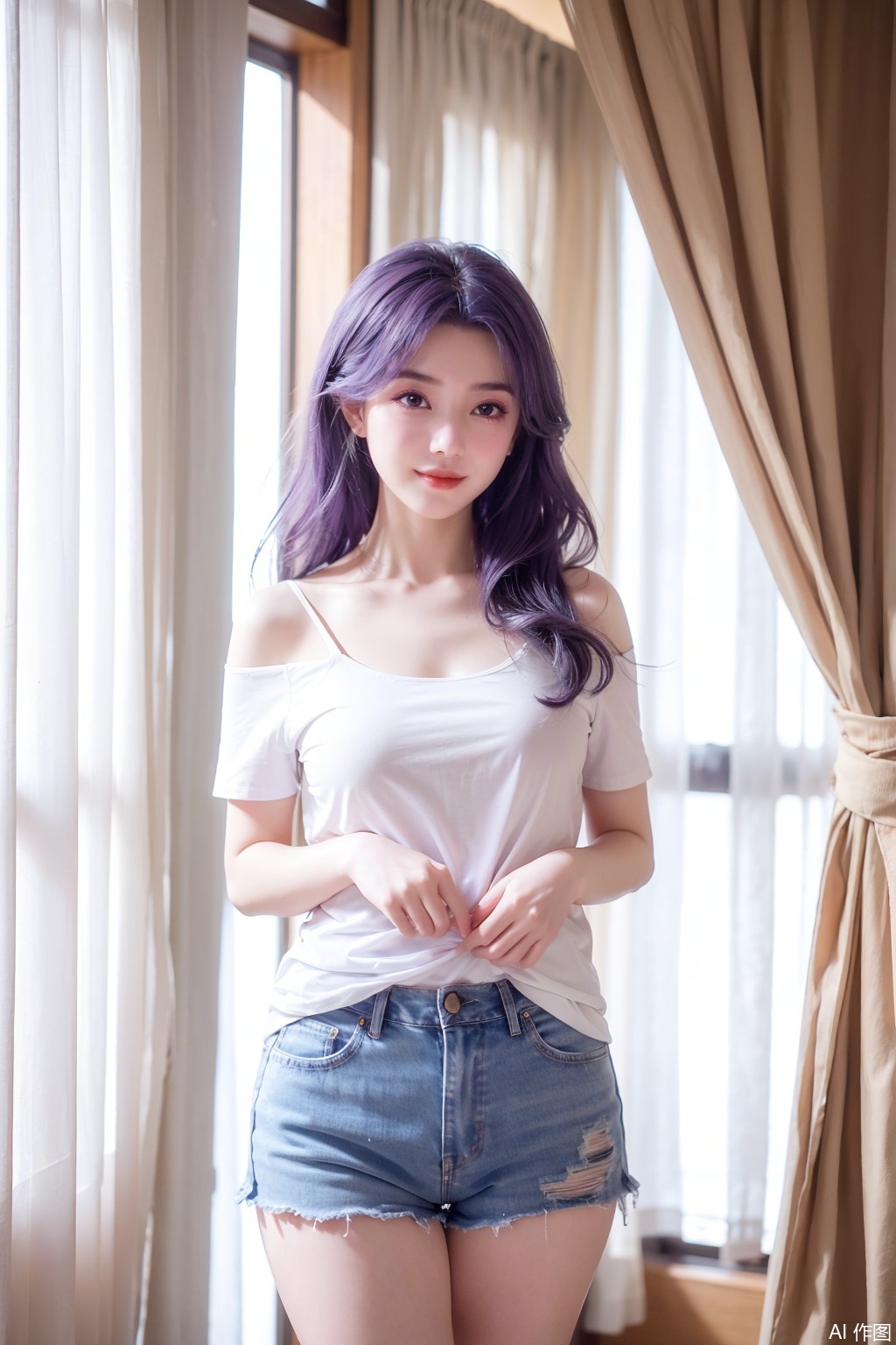 A girl with purple hair and a purple tattoo beneath her left eye, exuding a Chinese classical style. Her big purple eyes are captivating. She is dressed in a white short - sleeved top, denim shorts,With long legs, she has a sophisticated and glamorous look. . Her complexion is rosy, and she wears a gentle smile【^1^】. There is a hairpin in her hair, and she has on a classical - style makeup,She is standing indoors, gently caressing a white and luxurious curtain. This scene is shot with an 8K resolution, presenting a clear perspective【^5^】.//(yunxiao//)