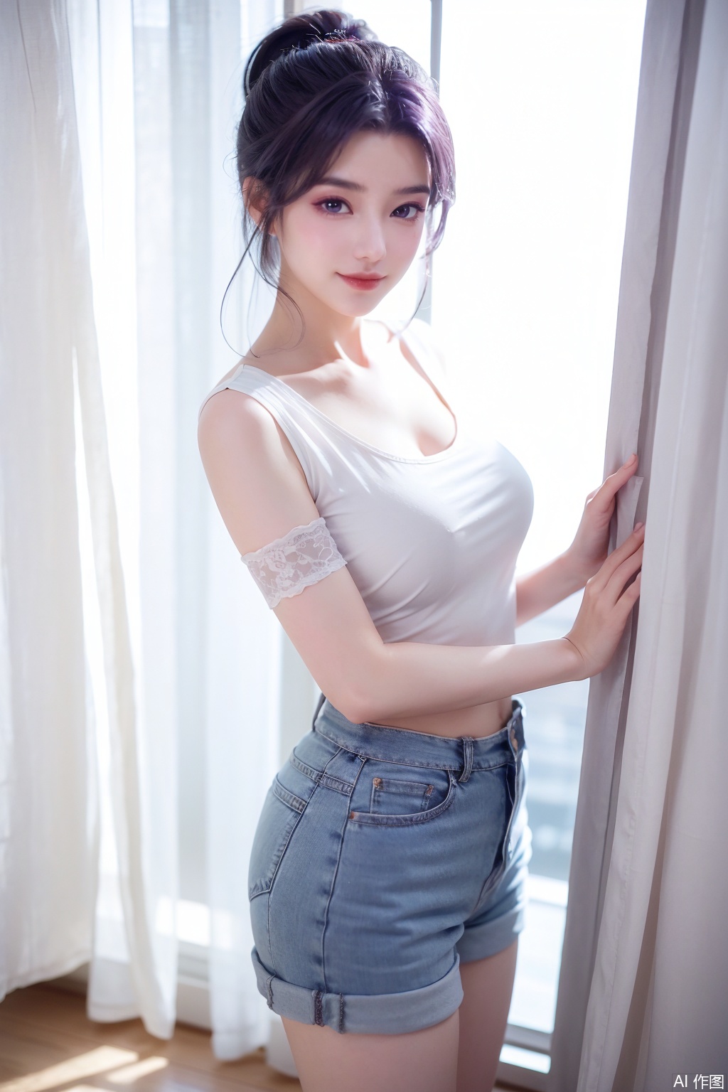 A girl with purple hair and a purple tattoo beneath her left eye, exuding a Chinese classical style. Her big purple eyes are captivating. She is dressed in a white short - sleeved top, denim shorts,With long legs, she has a sophisticated and glamorous look. . Her complexion is rosy, and she wears a gentle smile【^1^】. There is a hairpin in her hair, and she has on a classical - style makeup,She is standing indoors, gently caressing a white and luxurious curtain. This scene is shot with an 8K resolution, presenting a clear perspective【^5^】.//(yunxiao//)