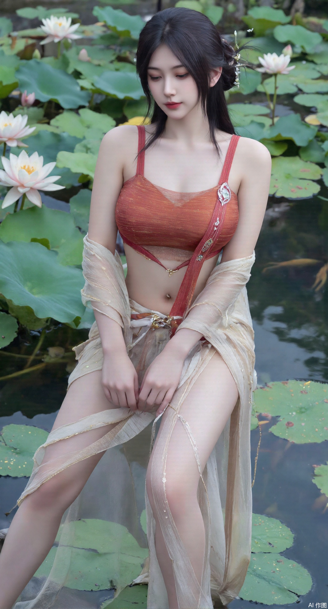 (masterpiece, best quality:1.2),A celestial maiden in Hanfu stands on a cloud, ethereal silk robes fluttering in the wind, swirling sea of clouds beneath her feet, (background reveals the emerald lotus pond of Penglai Wonderland with blooming pink-white lotuses:1.29), golden koi fish swimming in translucent water, soft morning light piercing through mist, ultra HD rendering showcases intricate embroidery on Hanfu, 8K detail captures dewdrops on lotus petals, dynamic lighting effects emphasize swirling mist movement, panoramic composition creates ethereal celestial atmosphere,(huge breasts:2.99),(full breasts:2.99),(Background with traditional Chinese architecture,Pond, water lilies:1.39),),XzhihuaX,Xleidianjiangjun,Xyuenanaodai,XmeiningSMW,XhaiyuejiCosplay,Xyoulingniang,XbachongshenziCOS,XjiaodaiqunDHL,Xshuilian,Xhujiaoer,XshanhugongxinhaiCOS,XshengcaierX2,XshenlilinghuaCOS,Xqianmu