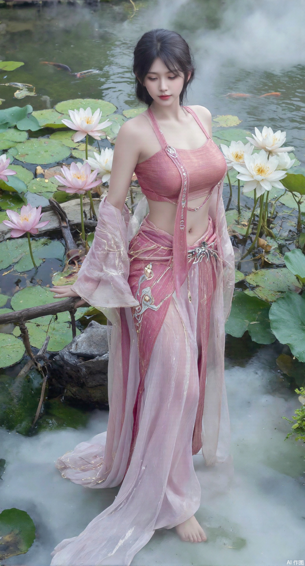 (masterpiece, best quality:1.2),A celestial maiden in Hanfu stands on a cloud, ethereal silk robes fluttering in the wind, swirling sea of clouds beneath her feet, (background reveals the emerald lotus pond of Penglai Wonderland with blooming pink-white lotuses:1.29), golden koi fish swimming in translucent water, soft morning light piercing through mist, ultra HD rendering showcases intricate embroidery on Hanfu, 8K detail captures dewdrops on lotus petals, dynamic lighting effects emphasize swirling mist movement, panoramic composition creates ethereal celestial atmosphere,(huge breasts:2.99),(full breasts:2.99),(Background with traditional Chinese architecture,Pond, water lilies:1.39),),XzhihuaX,Xleidianjiangjun,Xyuenanaodai,XmeiningSMW,XhaiyuejiCosplay,Xyoulingniang,XbachongshenziCOS,XjiaodaiqunDHL,Xshuilian,Xhujiaoer,XshanhugongxinhaiCOS,XshengcaierX2,XshenlilinghuaCOS,Xqianmu
