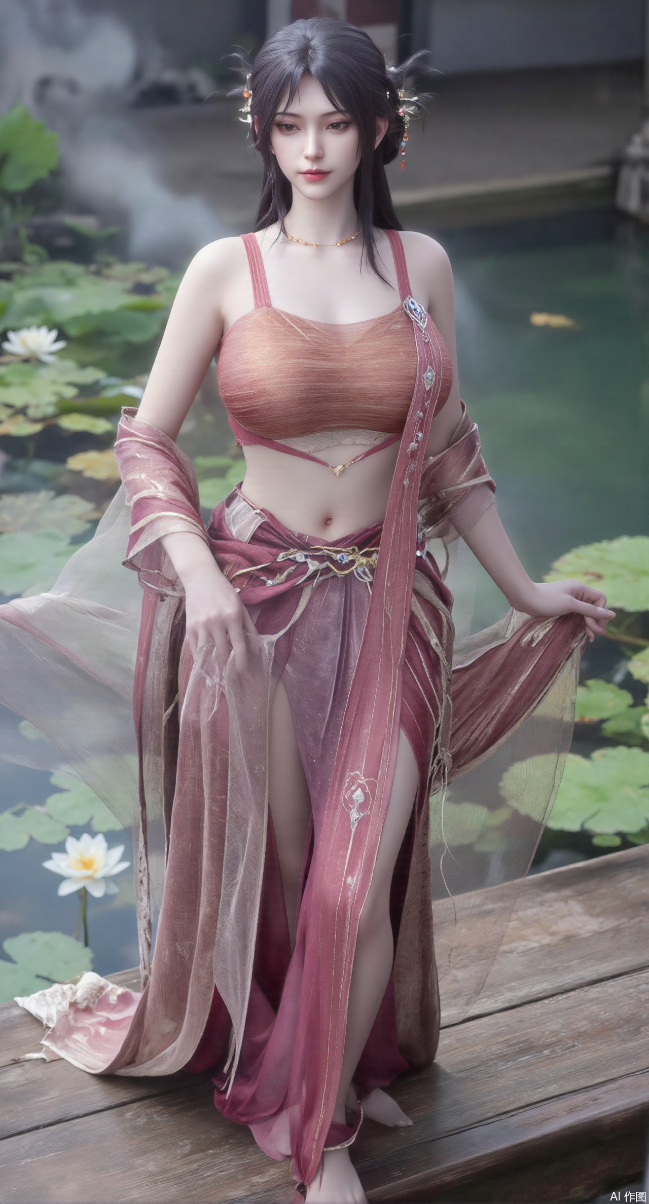 (masterpiece, best quality:1.2),A celestial maiden in Hanfu stands on a cloud, ethereal silk robes fluttering in the wind, swirling sea of clouds beneath her feet, (background reveals the emerald lotus pond of Penglai Wonderland with blooming pink-white lotuses:1.29), golden koi fish swimming in translucent water, soft morning light piercing through mist, ultra HD rendering showcases intricate embroidery on Hanfu, 8K detail captures dewdrops on lotus petals, dynamic lighting effects emphasize swirling mist movement, panoramic composition creates ethereal celestial atmosphere,(huge breasts:2.99),(full breasts:2.99),(Background with traditional Chinese architecture,Pond, water lilies:1.39),),,XzhihuaX,Xleidianjiangjun,Xyuenanaodai,XmeiningSMW,XhaiyuejiCosplay,Xyoulingniang,XbachongshenziCOS,XjiaodaiqunDHL,Xshuilian,Xhujiaoer,XshanhugongxinhaiCOS,XshengcaierX2,XshenlilinghuaCOS,Xqianmu