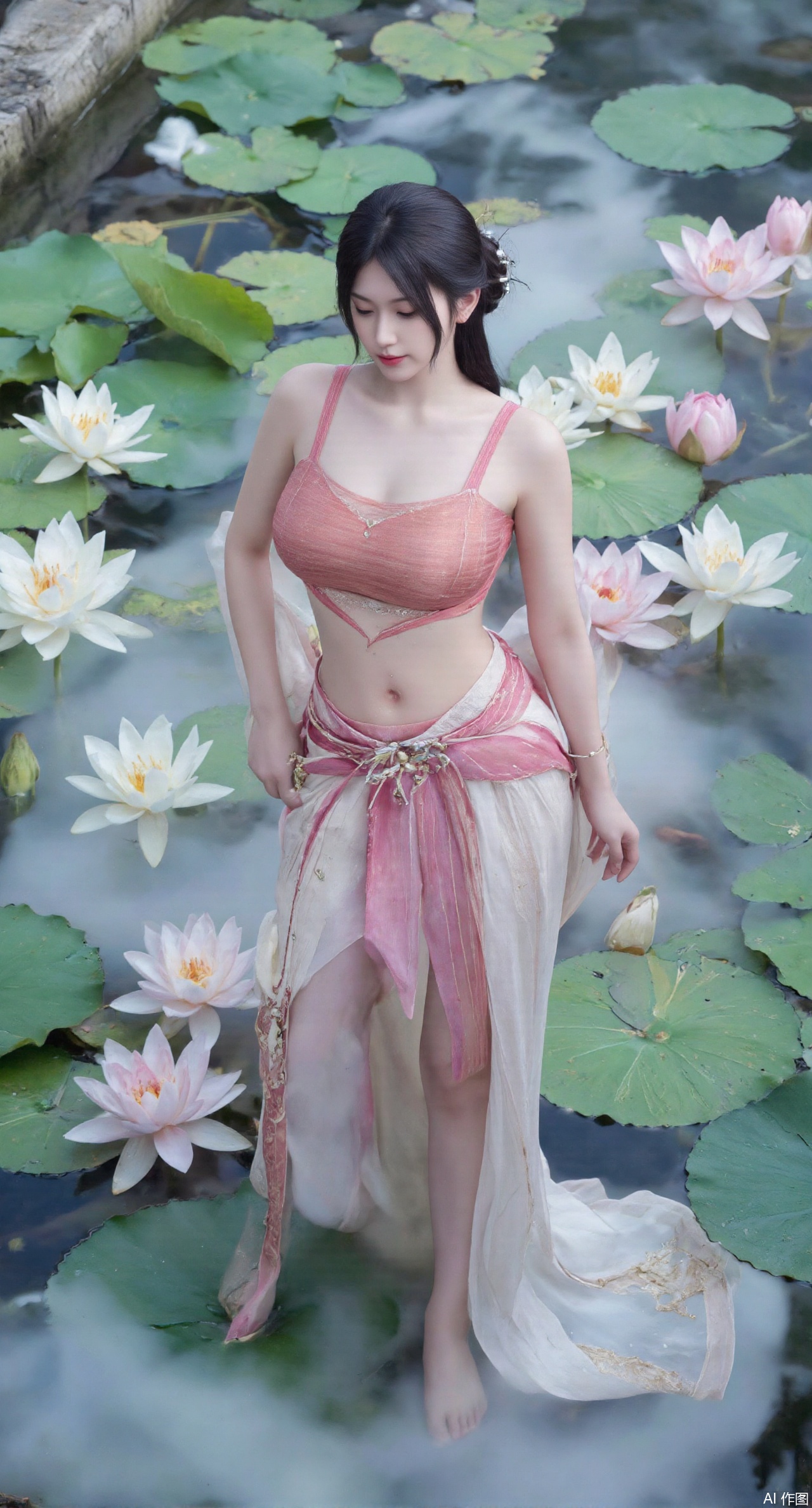 (masterpiece, best quality:1.2),A celestial maiden in Hanfu stands on a cloud, ethereal silk robes fluttering in the wind, swirling sea of clouds beneath her feet, (background reveals the emerald lotus pond of Penglai Wonderland with blooming pink-white lotuses:1.29), golden koi fish swimming in translucent water, soft morning light piercing through mist, ultra HD rendering showcases intricate embroidery on Hanfu, 8K detail captures dewdrops on lotus petals, dynamic lighting effects emphasize swirling mist movement, panoramic composition creates ethereal celestial atmosphere,(huge breasts:2.99),(full breasts:2.99),(Background with traditional Chinese architecture,Pond, water lilies:1.39),),,XzhihuaX,Xleidianjiangjun,Xyuenanaodai,XmeiningSMW,XhaiyuejiCosplay,Xyoulingniang,XbachongshenziCOS,XjiaodaiqunDHL,Xshuilian,Xhujiaoer,XshanhugongxinhaiCOS,XshengcaierX2,XshenlilinghuaCOS,Xqianmu