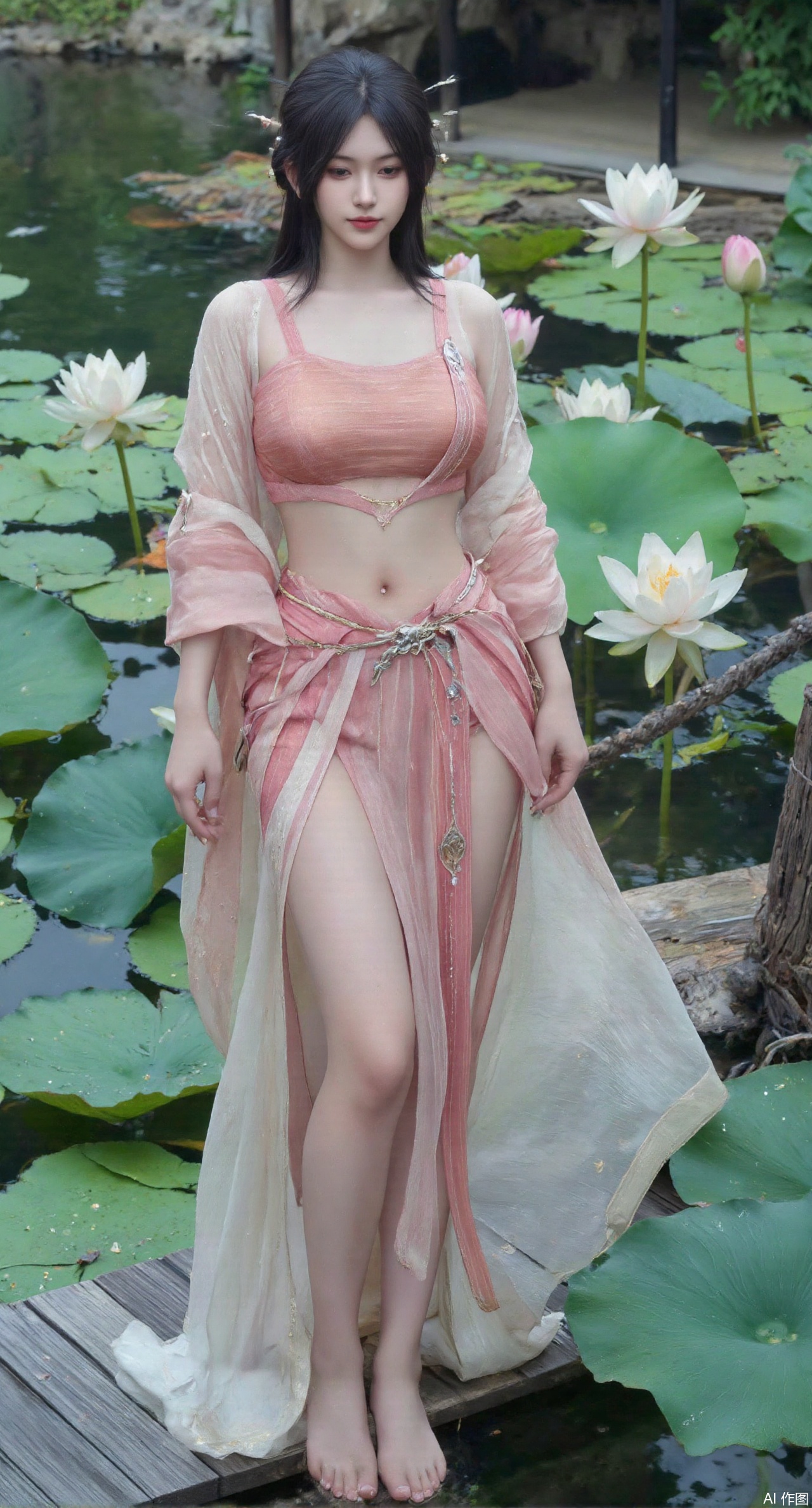 (masterpiece, best quality:1.2),A celestial maiden in Hanfu stands on a cloud, ethereal silk robes fluttering in the wind, swirling sea of clouds beneath her feet, (background reveals the emerald lotus pond of Penglai Wonderland with blooming pink-white lotuses:1.29), golden koi fish swimming in translucent water, soft morning light piercing through mist, ultra HD rendering showcases intricate embroidery on Hanfu, 8K detail captures dewdrops on lotus petals, dynamic lighting effects emphasize swirling mist movement, panoramic composition creates ethereal celestial atmosphere,(huge breasts:2.99),(full breasts:2.99),(Background with traditional Chinese architecture,Pond, water lilies:1.39),),,XzhihuaX,Xleidianjiangjun,Xyuenanaodai,XmeiningSMW,XhaiyuejiCosplay,Xyoulingniang,XbachongshenziCOS,XjiaodaiqunDHL,Xshuilian,Xhujiaoer,XshanhugongxinhaiCOS,XshengcaierX2,XshenlilinghuaCOS,Xqianmu