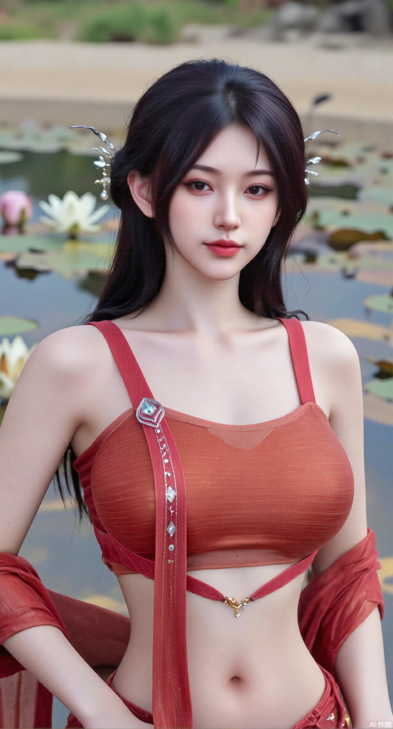 SFW,(masterpiece:1.2),best quality,absurdres,masterpiece,original,extremely detailed wallpaper,perfect lighting,1girl,solo,standing,looking at viewer,(cowboy_shot:1.23),black hair,long hair,long derss,high heels,blurry background,depth of field,motion blur,bare shouders,crystal_earrings,headpiece,hair_tie,chest_jewel,gem,necklace,jewelry,in summer,day,(outdoors,nature,sea:1.29),(Pond, water lilies,rose,beach:1.69),(huge breasts:2.99),(full breasts:2.99),XhaiyuejiCOS,Xpugongying,XyoulingniangCOS,XleidianjiangjunYF,Xshuilian,XbachongshenziCOS,XmengjianyueruixiCOS,XyunyunXYK,XshengcaierX2,XganyuCOS,Xqianmu