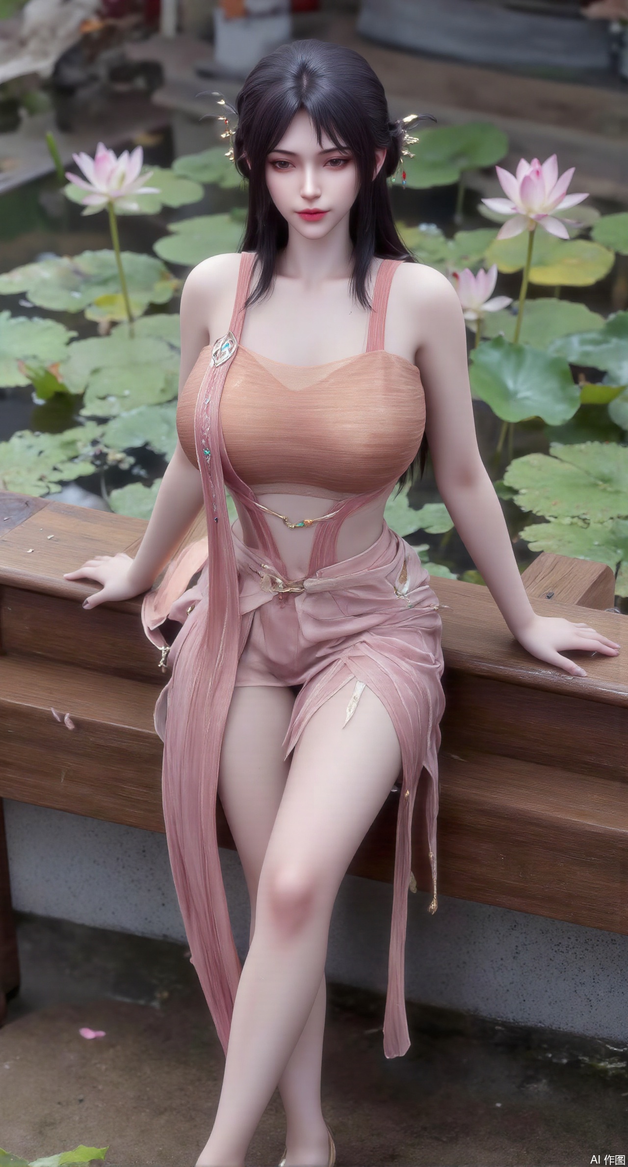 (masterpiece:1.2),best quality,The image is a digital illustration of a young woman sitting on a wooden bench in a pond with lily pads. She is wearing a long dress with design on the chest and sleeves. The dress has a high neckline and short sleeves,Holding a lotus in hand. She has long dark hair styled in loose waves and is wearing gold high heels. The woman is posing with one hand on her hip and the other resting on the edge of the bench. The background is filled with pink and white lotus flowers and green leaves. The overall mood of the image is peaceful and serene,(huge breasts:2.99),(full breasts:2.99),(Background with traditional Chinese architecture, lotus pond and pink lotus flowers:1.39),XhaiyuejiCOS,Xpugongying,XyoulingniangCOS,XleidianjiangjunYF,Xshuilian,XbachongshenziCOS,XmengjianyueruixiCOS,XyunyunXYK,XshengcaierX2,XganyuCOS,Xqianmu