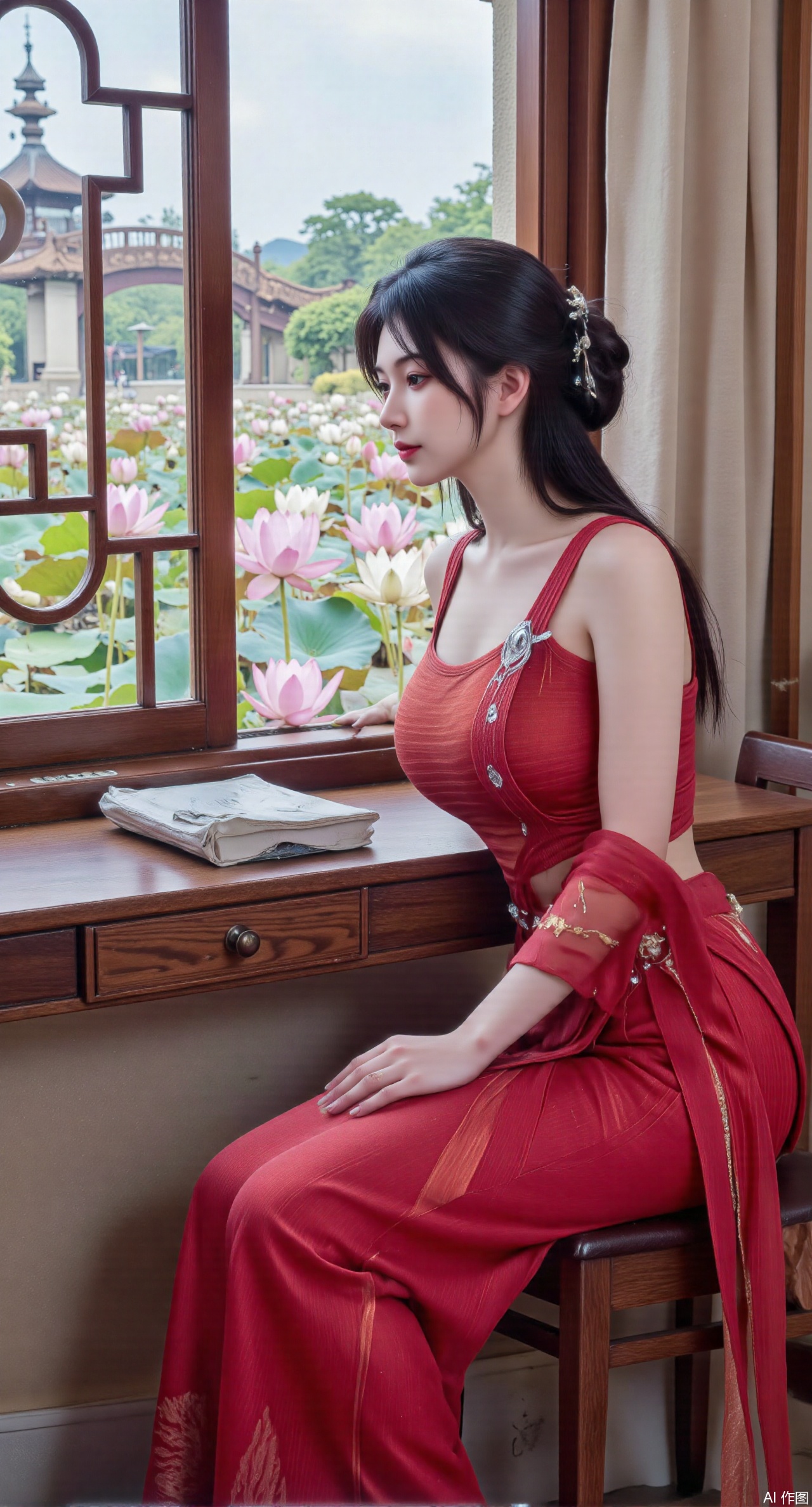 (masterpiece, best quality:1.2),1girl, solo, long dress,Ancient princess's boudoir with bright color palette,,(huge breasts:2.59),(full breasts:2.59), Hanfu-clad maiden sitting by latticed window desk in romantic daydreaming posture, classical Chinese garden through window showcasing lotus pond filled with blooming pink and white lotuses, delicate ink-wash painting style, interior featuring rosewood furniture with mother-of-pearl inlay, silk curtains fluttering in breeze, porcelain stationery set on desk, distant view of curved bridges and pavilions in garden, ultra HD rendering with crisp details on embroidered garments and translucent lotus petals,,(huge breasts:2.99),(full breasts:2.99),,XhaiyuejiCOS,Xpugongying,XyoulingniangCOS,XleidianjiangjunYF,Xshuilian,XbachongshenziCOS,XmengjianyueruixiCOS,XyunyunXYK,XshengcaierX2,XganyuCOS,Xqianmu