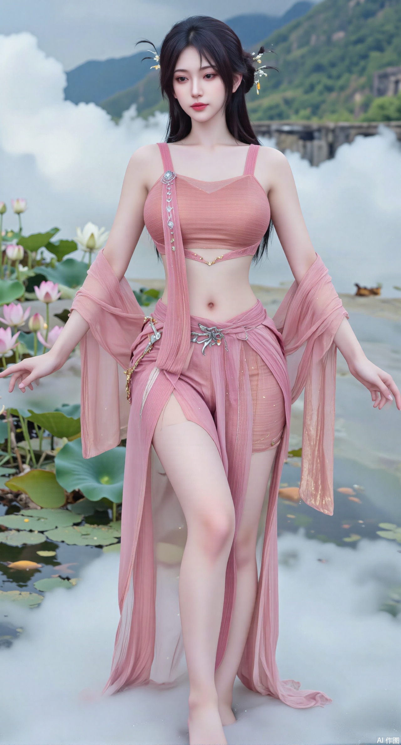 (masterpiece, best quality:1.2),A celestial maiden in Hanfu stands on a cloud, ethereal silk robes fluttering in the wind, swirling sea of clouds beneath her feet, (background reveals the emerald lotus pond of Penglai Wonderland with blooming pink-white lotuses:1.23), golden koi fish swimming in translucent water, soft morning light piercing through mist, ultra HD rendering showcases intricate embroidery on Hanfu, 8K detail captures dewdrops on lotus petals, dynamic lighting effects emphasize swirling mist movement, panoramic composition creates ethereal celestial atmosphere,(huge breasts:2.99),(full breasts:2.99),XhaiyuejiCOS,Xpugongying,XyoulingniangCOS,XleidianjiangjunYF,Xshuilian,XbachongshenziCOS,XmengjianyueruixiCOS,XyunyunXYK,XshengcaierX2,XganyuCOS,Xqianmu