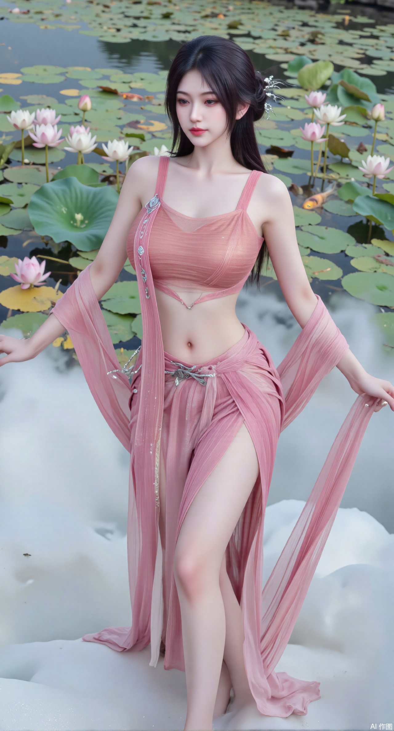 (masterpiece, best quality:1.2),A celestial maiden in Hanfu stands on a cloud, ethereal silk robes fluttering in the wind, swirling sea of clouds beneath her feet, (background reveals the emerald lotus pond of Penglai Wonderland with blooming pink-white lotuses:1.23), golden koi fish swimming in translucent water, soft morning light piercing through mist, ultra HD rendering showcases intricate embroidery on Hanfu, 8K detail captures dewdrops on lotus petals, dynamic lighting effects emphasize swirling mist movement, panoramic composition creates ethereal celestial atmosphere,(huge breasts:2.99),(full breasts:2.99),XhaiyuejiCOS,Xpugongying,XyoulingniangCOS,XleidianjiangjunYF,Xshuilian,XbachongshenziCOS,XmengjianyueruixiCOS,XyunyunXYK,XshengcaierX2,XganyuCOS,Xqianmu