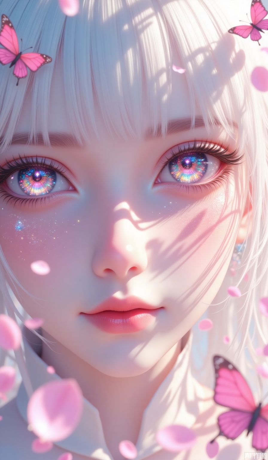dreamy eyes,bright star river,tearful eye,light and shadow interweaving,,white hair,skin delicate and smooth,there are pink petals around,special small colored butterflies,