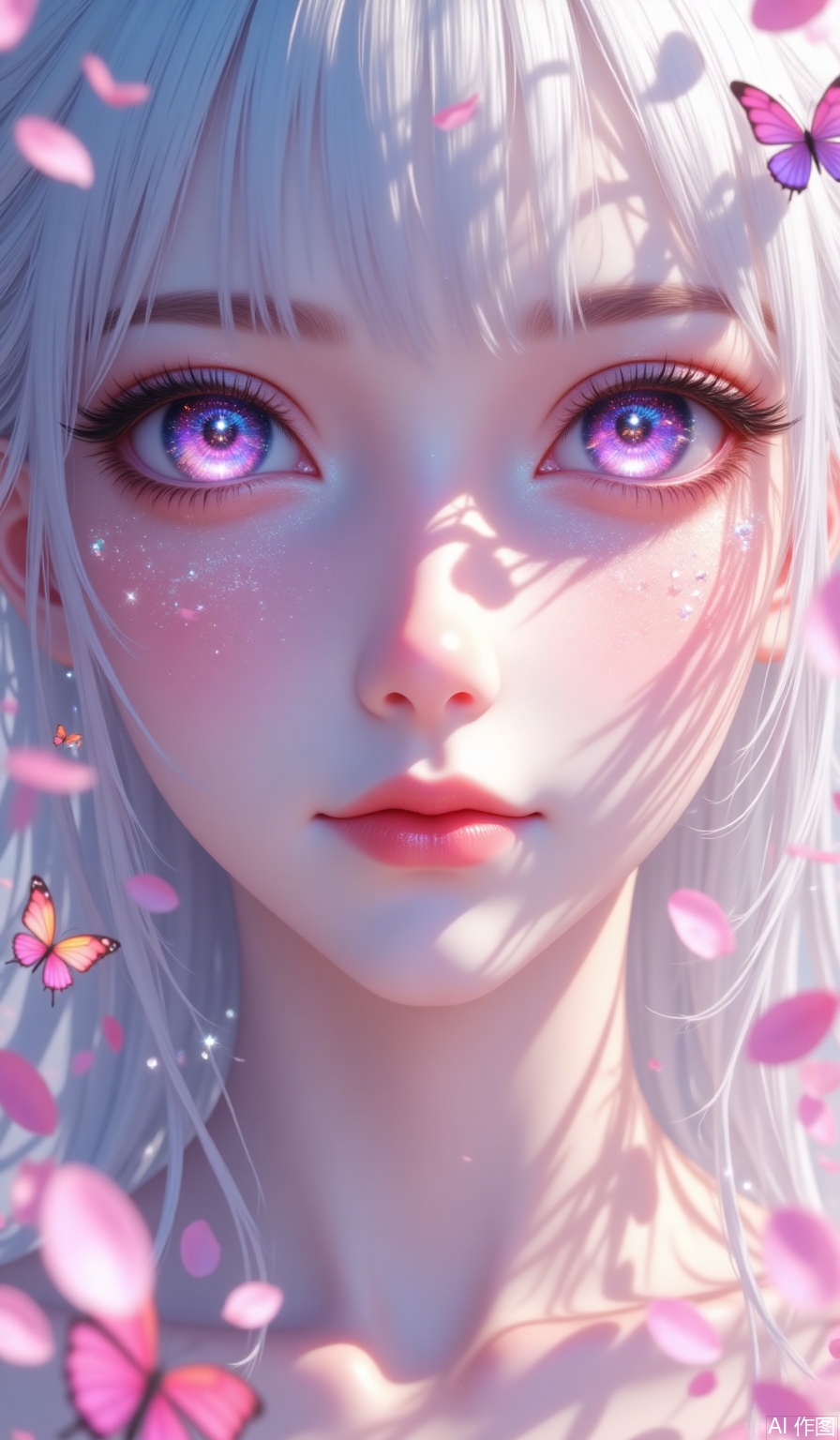 Dreamy purple eyes, bright star river, tearful eyes, interweaving light and shadow, silver hair, delicate and smooth skin, surrounded by pink petals, and special colorful little butterflies.