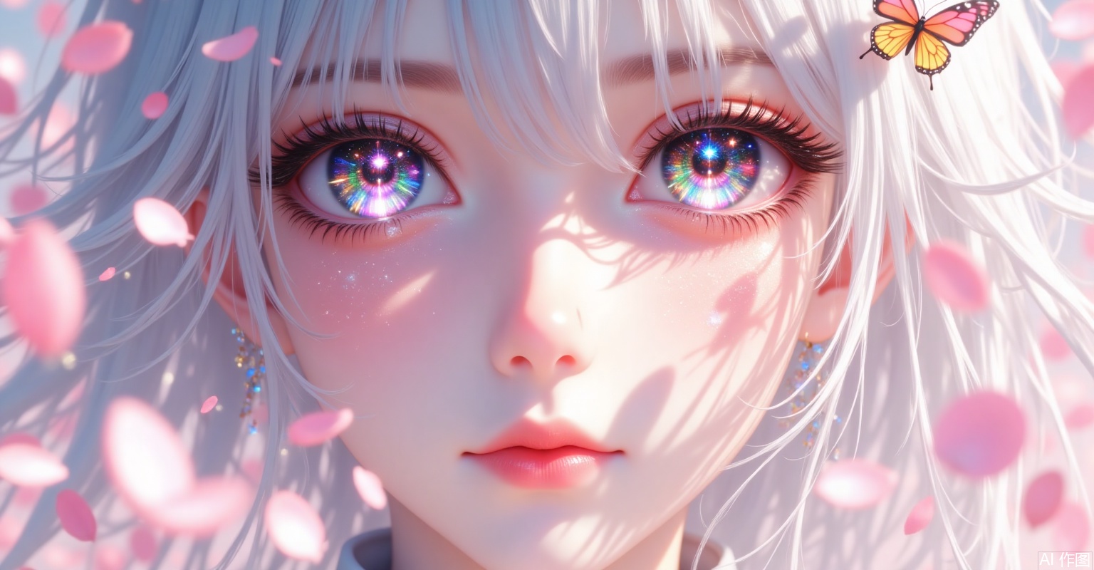 Dreamy green eyes, bright star river, tearful eyes, interwoven light and shadow, silver hair, delicate and smooth skin, surrounded by pink petals, and special colorful little butterflies.