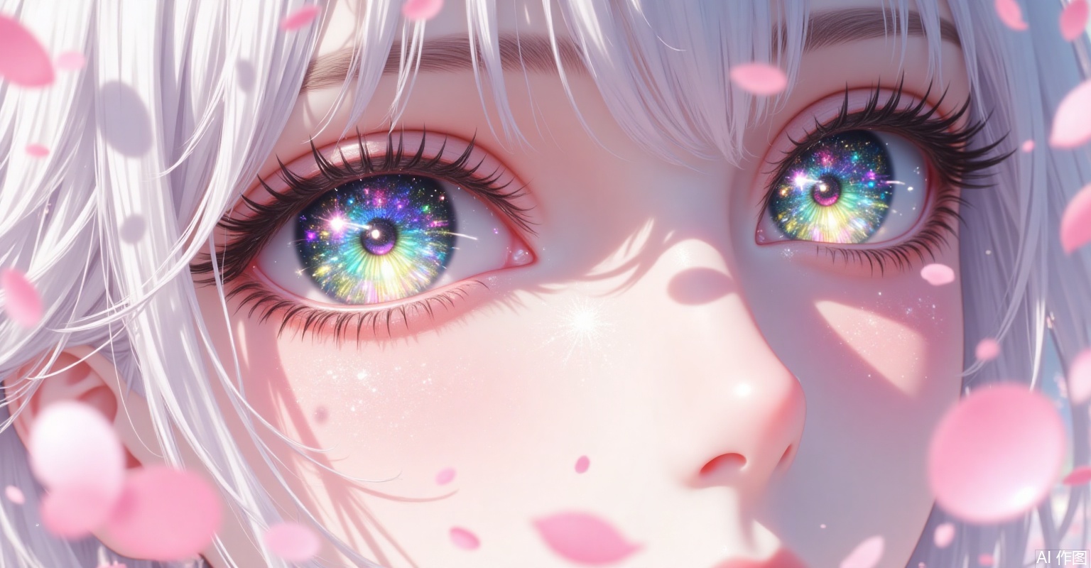 Dreamy green eyes, bright star river, tearful eyes, interwoven light and shadow, silver hair, delicate and smooth skin, surrounded by pink petals, and special colorful little butterflies.