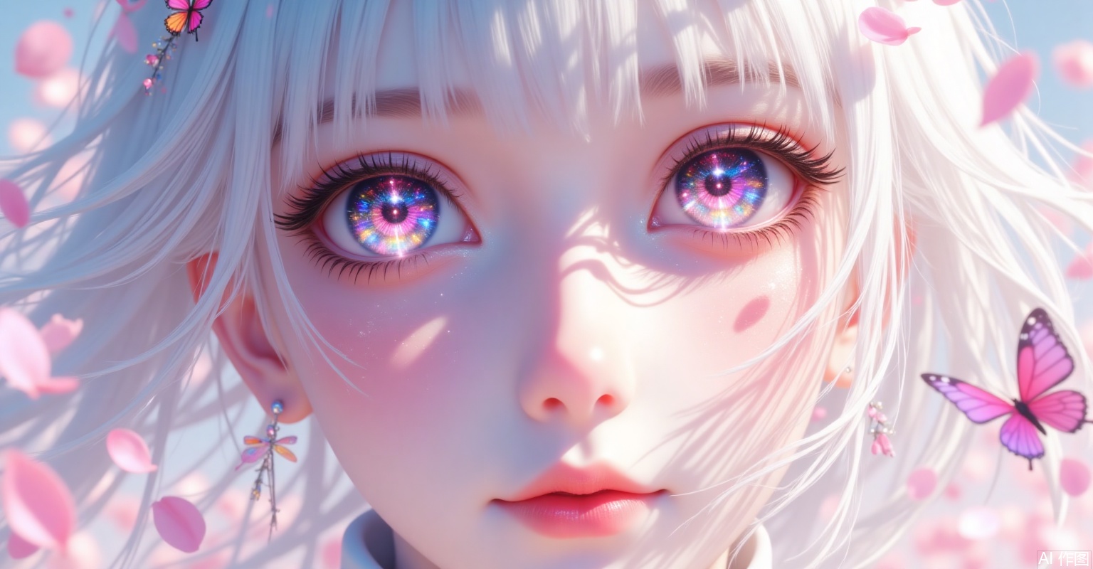 dreamy eyes,bright star river,tearful eye,light and shadow interweaving,,white hair,skin delicate and smooth,there are pink petals around,special small colored butterflies,