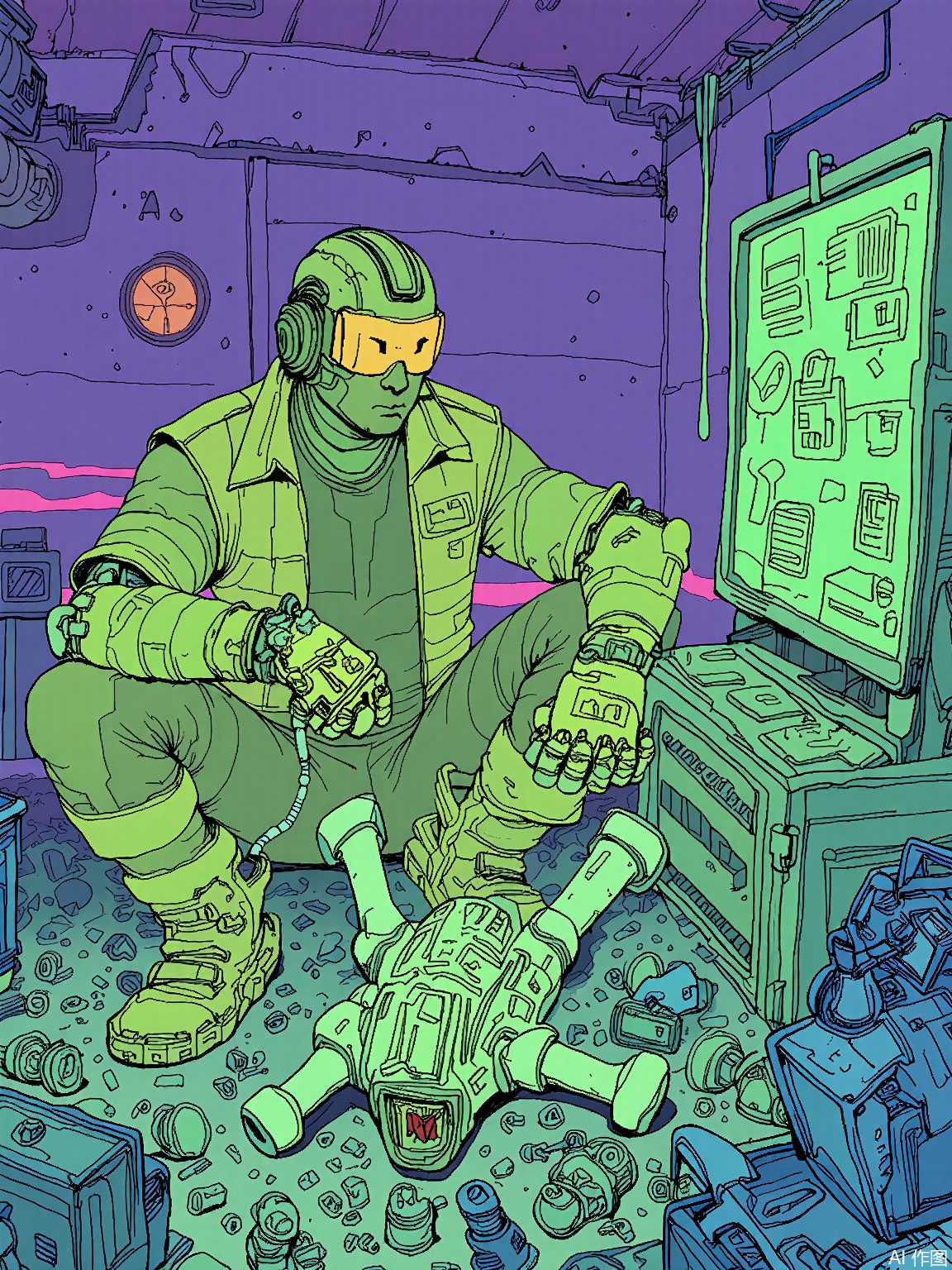 SBPK,
A mechanic with augmented arms covered in grease stains repairs a malfunctioning drone in a cluttered garage filled with flickering holographic schematics. The scene uses sharp angular lines and color blocks of lime green, deep purple, and corroded copper.
