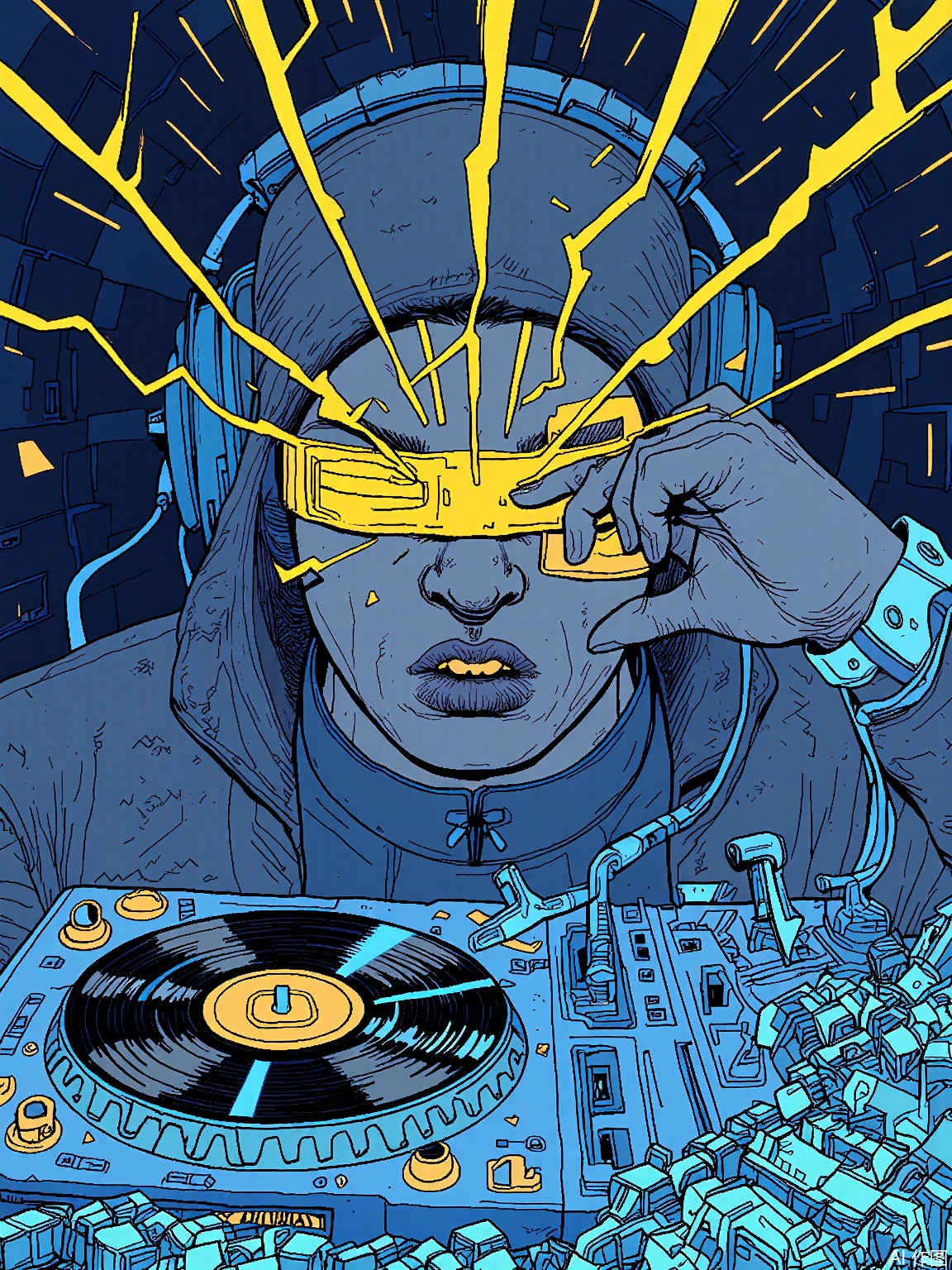 SBPK,
A glitch-art portrait of a DJ with data corruption effects across their face, spinning records that emit soundwaves as jagged yellow lines. The club background features pulsating grid patterns and fractal visualizers.
