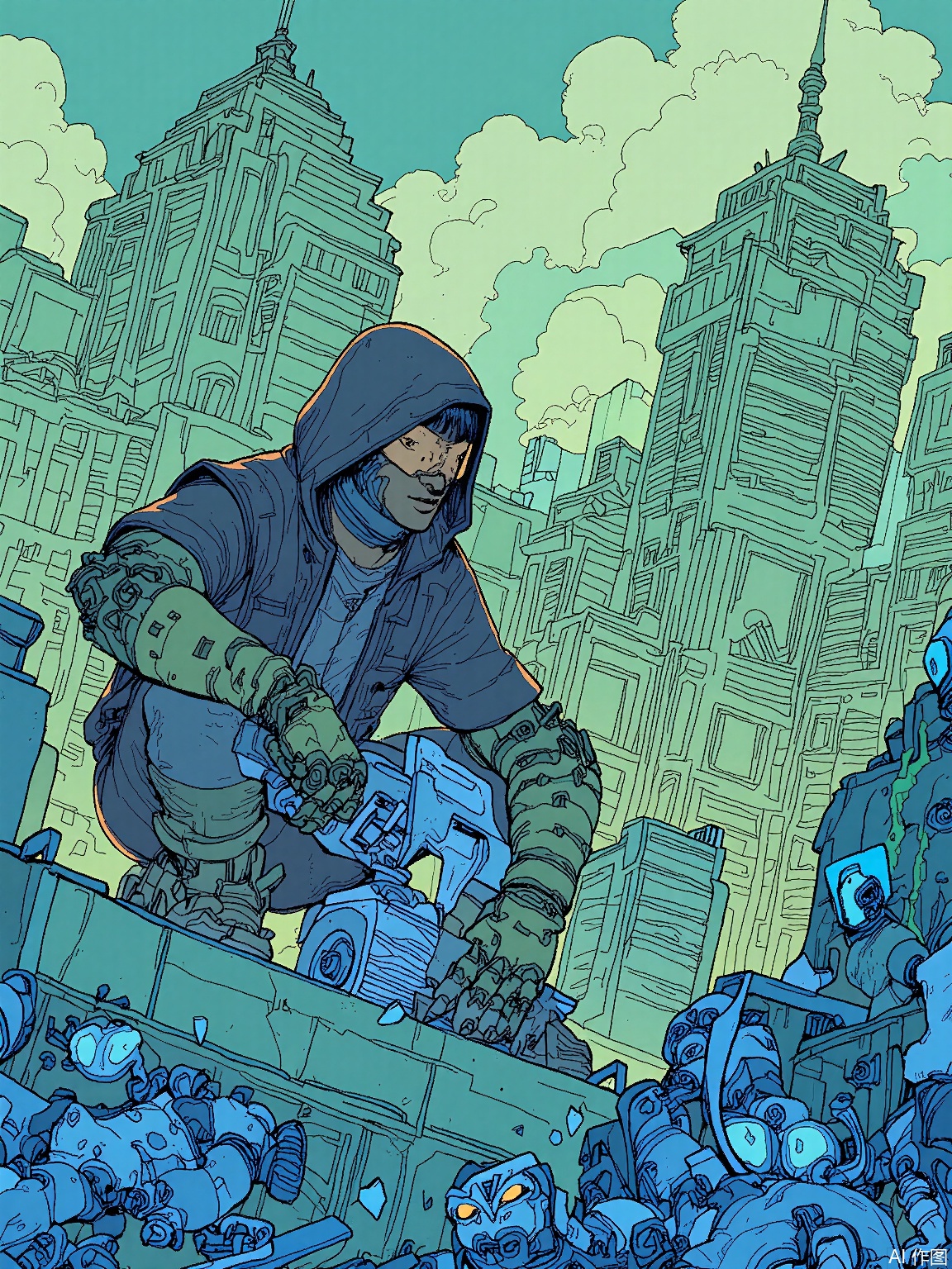 SBPK,
A bounty hunter with a cybernetic arm grips a plasma rifle, kneeling on a rooftop surrounded by shattered drones. The cityscape behind features crumbling megatowers wrapped in ivy and neon vines.

