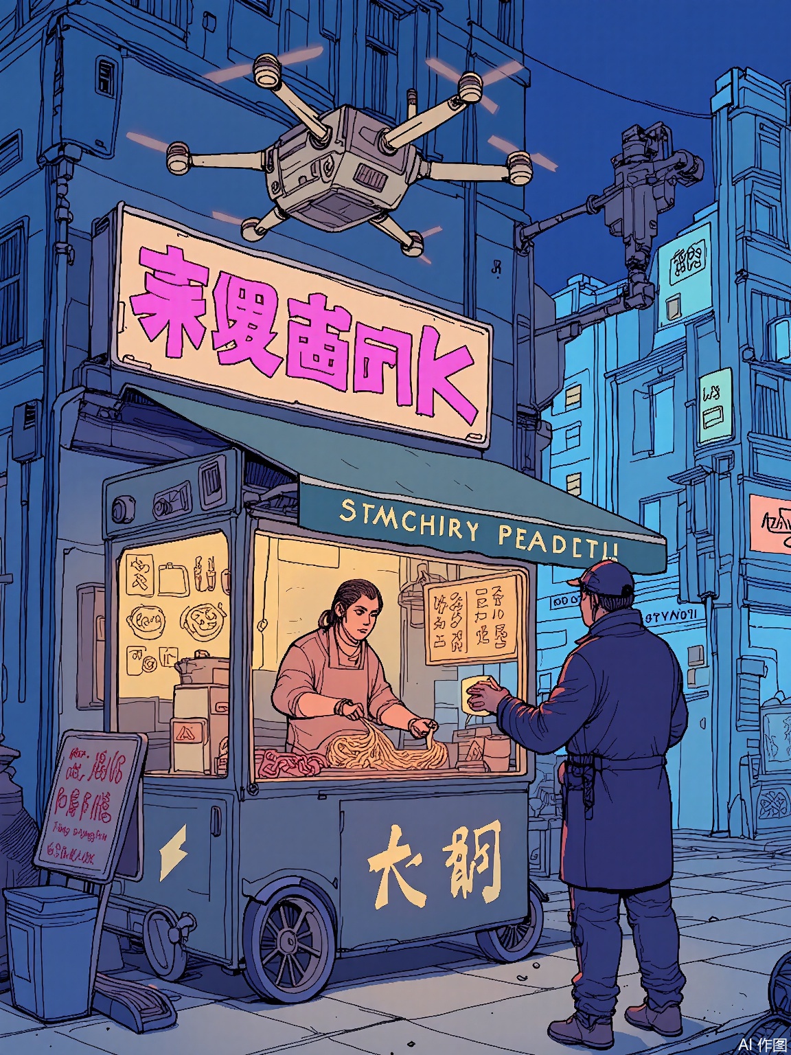 SBPK,
A retro-futuristic street vendor sells glowing noodles from a cart adorned with flickering neon kanji, while a drone hovers overhead projecting augmented reality menus in holographic pink and gold.
