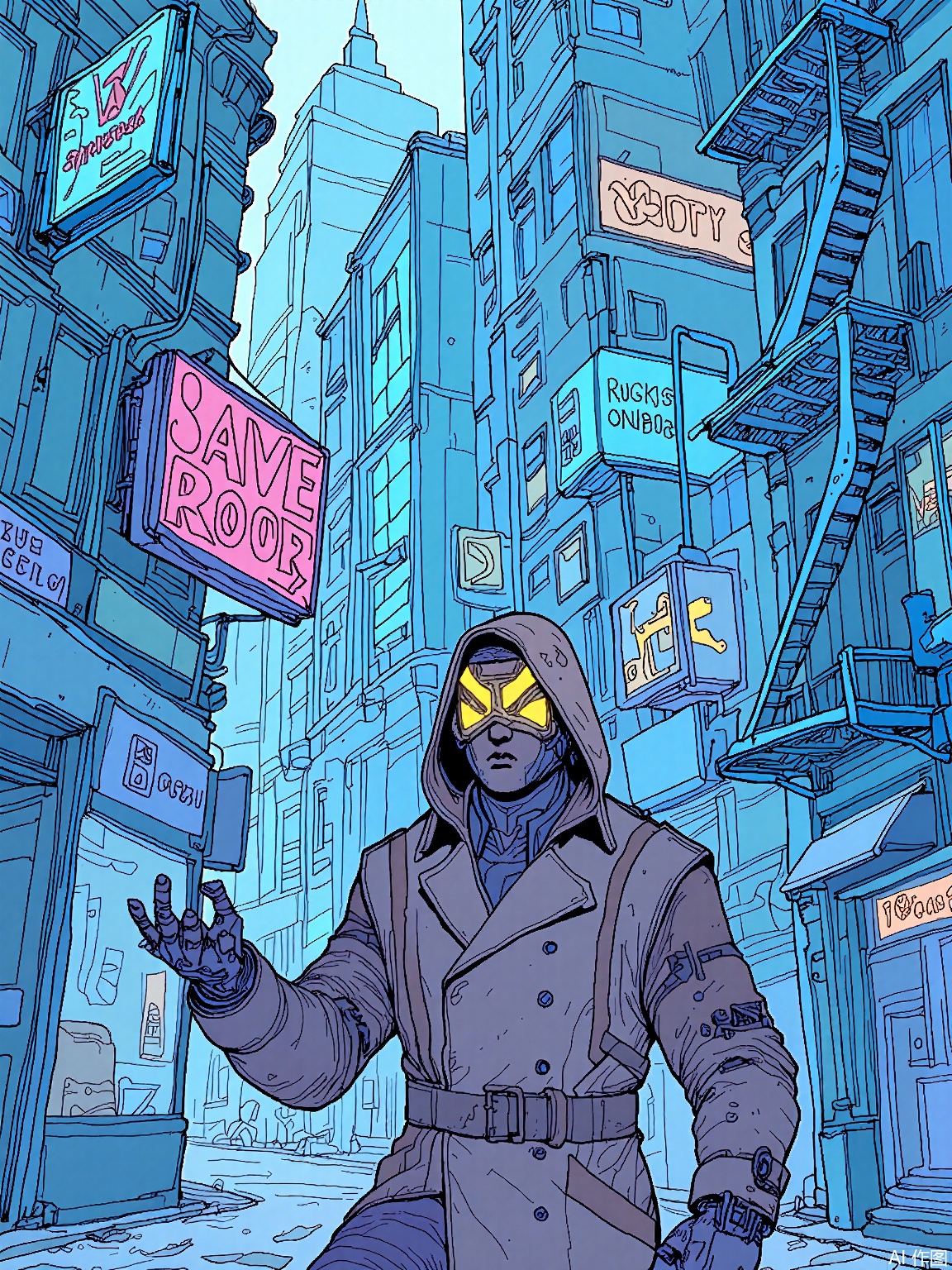 SBPK,
A cyberpunk line art illustration of a cyborg with glowing circuit patterns across their face, wearing a tattered trench coat, standing in a rain-soaked alleyway surrounded by floating holographic advertisements and rusted fire escapes. Neon signs in magenta and cyan cast reflections on wet pavement.
