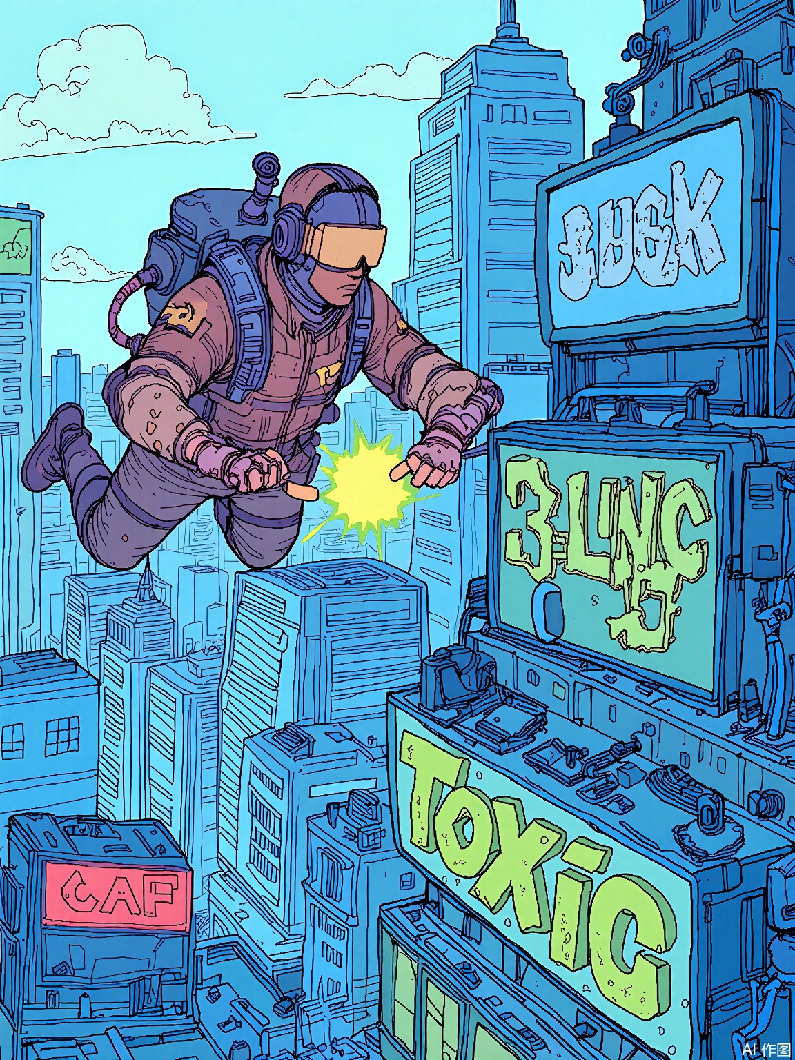SBPK,
A courier with a jetpack emblazoned with graffiti art soars between skyscrapers, delivering a glowing package. The background features competing corporate logos in neon red and toxic green.
