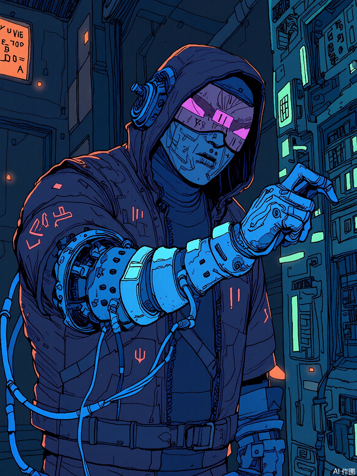 SBPK,
A masked hacker with prismatic hair leans against a glowing server rack, fingers interlaced with fiber-optic cables. The data center background pulses with cascading binary code in neon orange against obsidian black walls.
