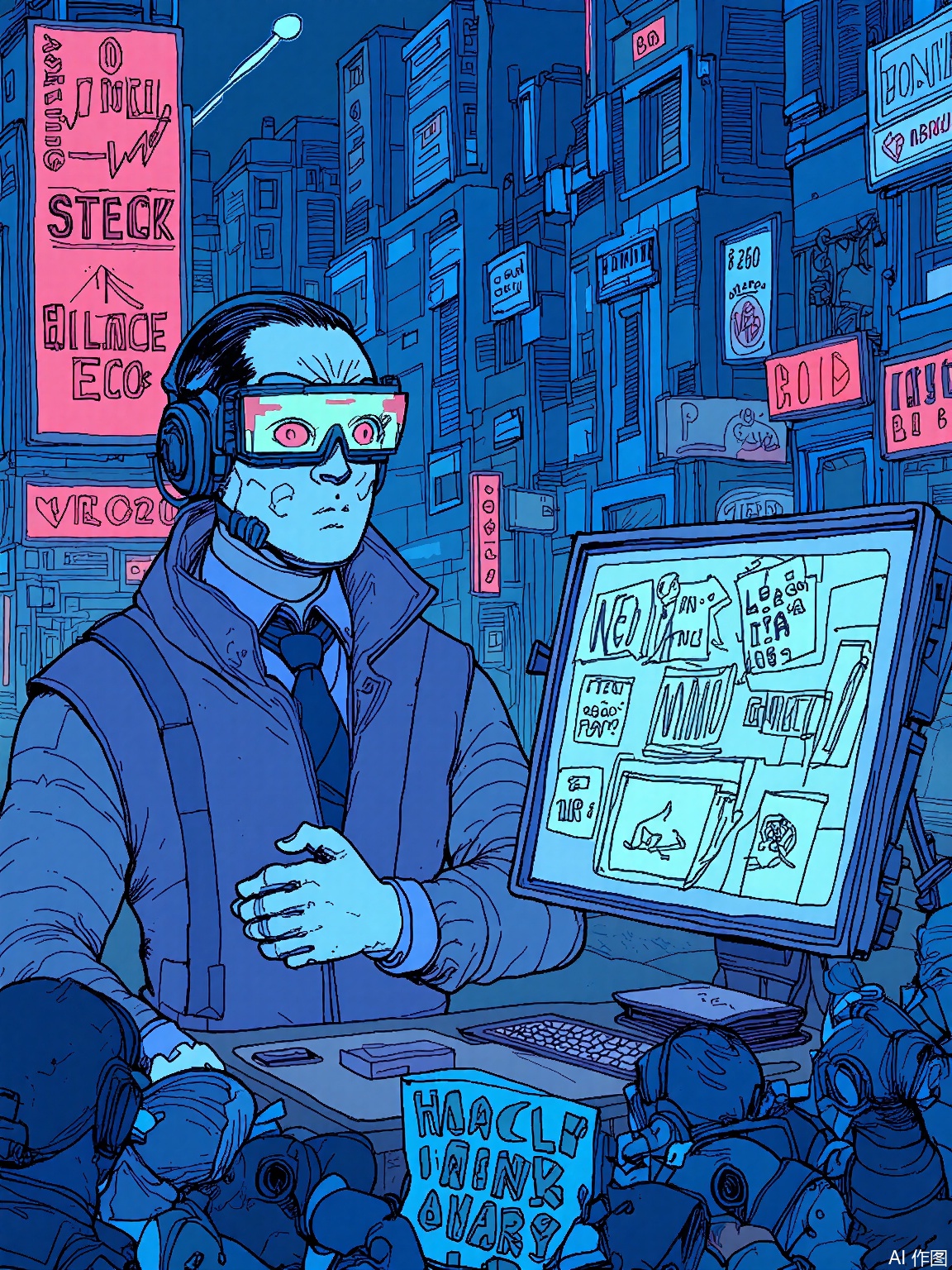 SBPK,
A news anchor with holographic makeup delivers a broadcast from a set dominated by flickering stock tickers in neon red and white, while protestors march outside with glowing placards.
