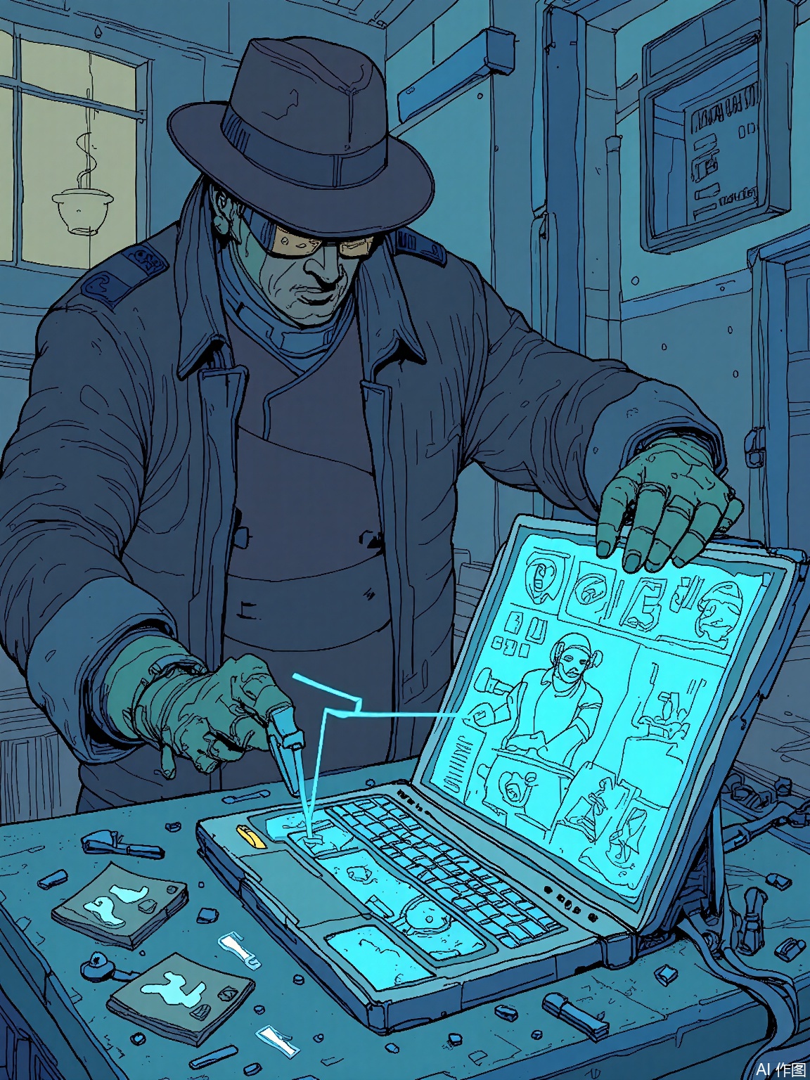 SBPK,
A detective examines a crime scene marked by glowing laser grids, with a holographic witness replaying events in translucent cyan. The noir-inspired palette blends smoky grays with electric teal accents.
