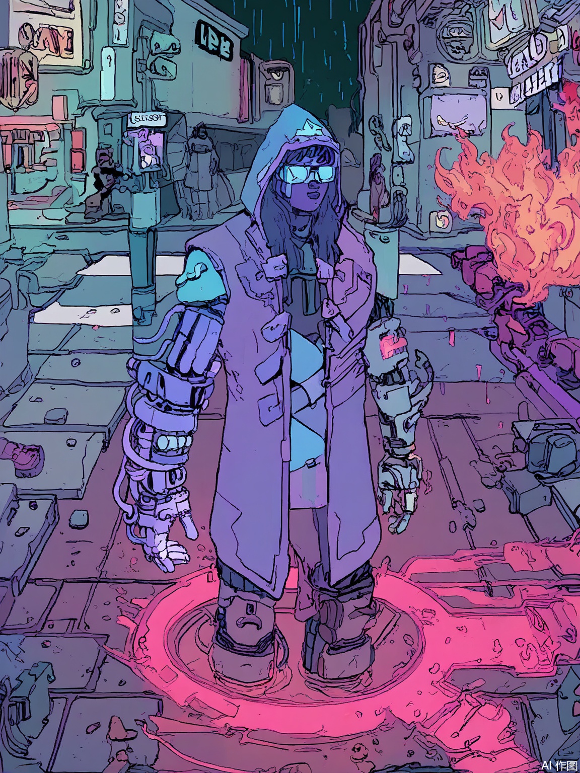 SBPK, A cyberpunk line art illustration of a cyborg with glowing circuit patterns across their face, wearing a tattered trench coat, standing in a rain-soaked alleyway surrounded by floating holographic advertisements and rusted fire escapes. Neon signs in magenta and cyan cast reflections on wet pavement.
