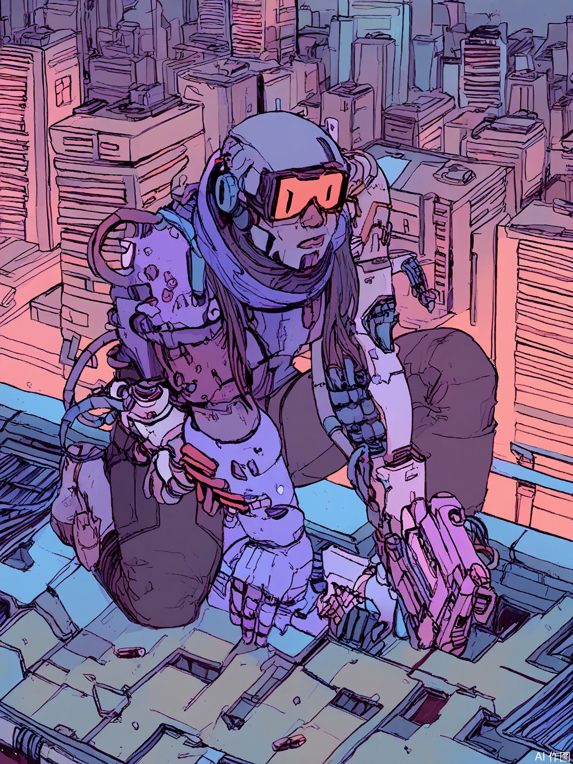 SBPK, A bounty hunter with a cybernetic arm grips a plasma rifle, kneeling on a rooftop surrounded by shattered drones. The cityscape behind features crumbling megatowers wrapped in ivy and neon vines.
