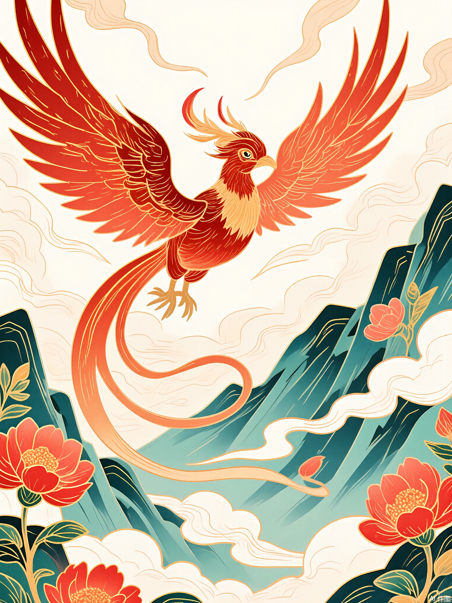 GCF,
A crimson-feathered phoenix soars above a misty mountain range, its wings etched with golden cloud patterns. The background blends ink-wash peaks with floating peony petals in shades of jade and vermilion.
