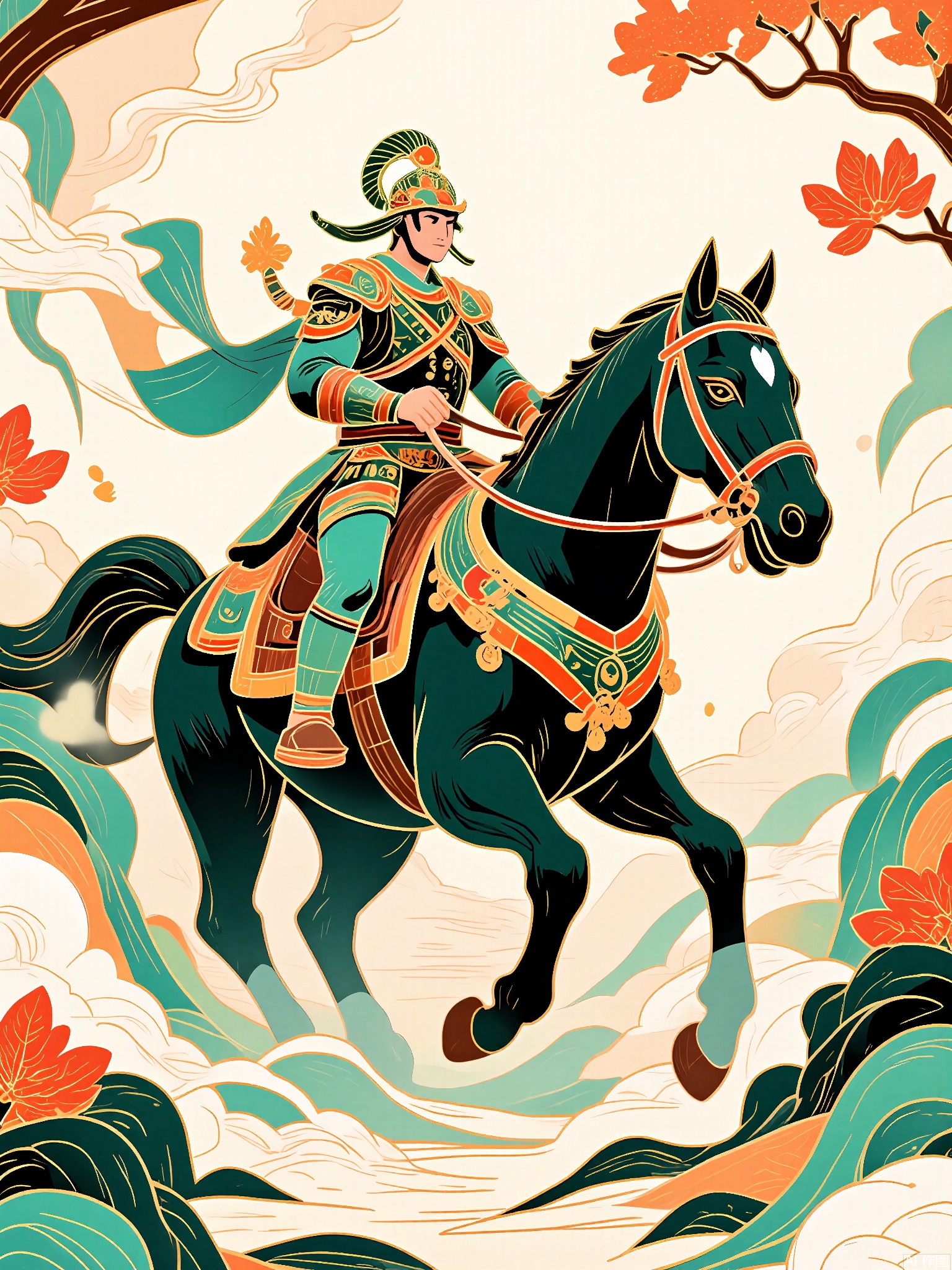 GCF,
A armored general astride a mythical qilin steed charges through a storm of falling maple leaves. The ground cracks with jade-green energy waves beneath their hooves.
