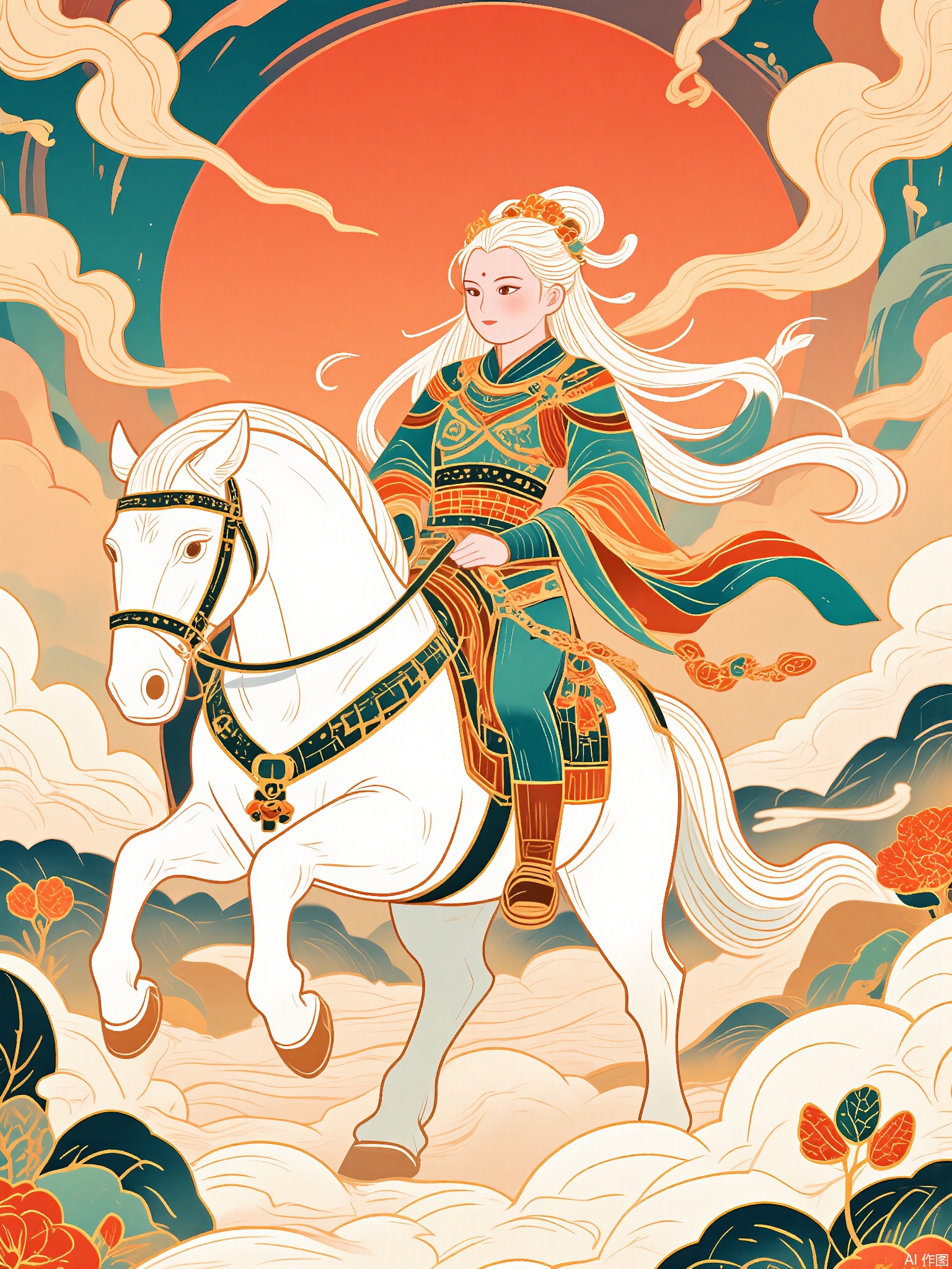 GCF,
A warrior maiden rides a galloping horse through a field of floating porcelain shards. The horizon blends sunset hues with abstract dragon scale textures in gold leaf.
