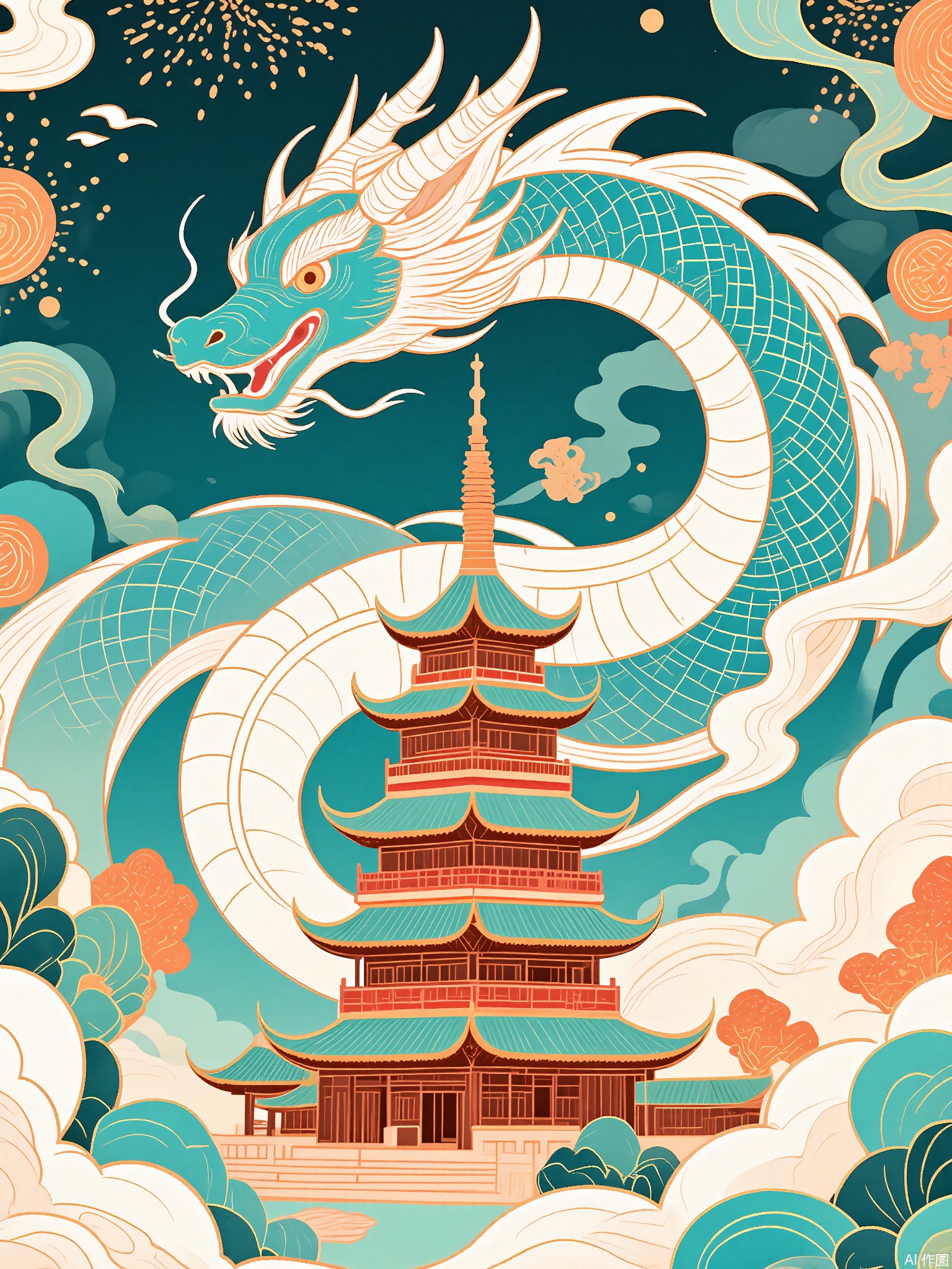 GCF,
A cerulean dragon coils around a pagoda tower, its scales shimmering with mother-of-pearl textures. The sky erupts in fireworks shaped like ancient coins and calligraphy scrolls.
