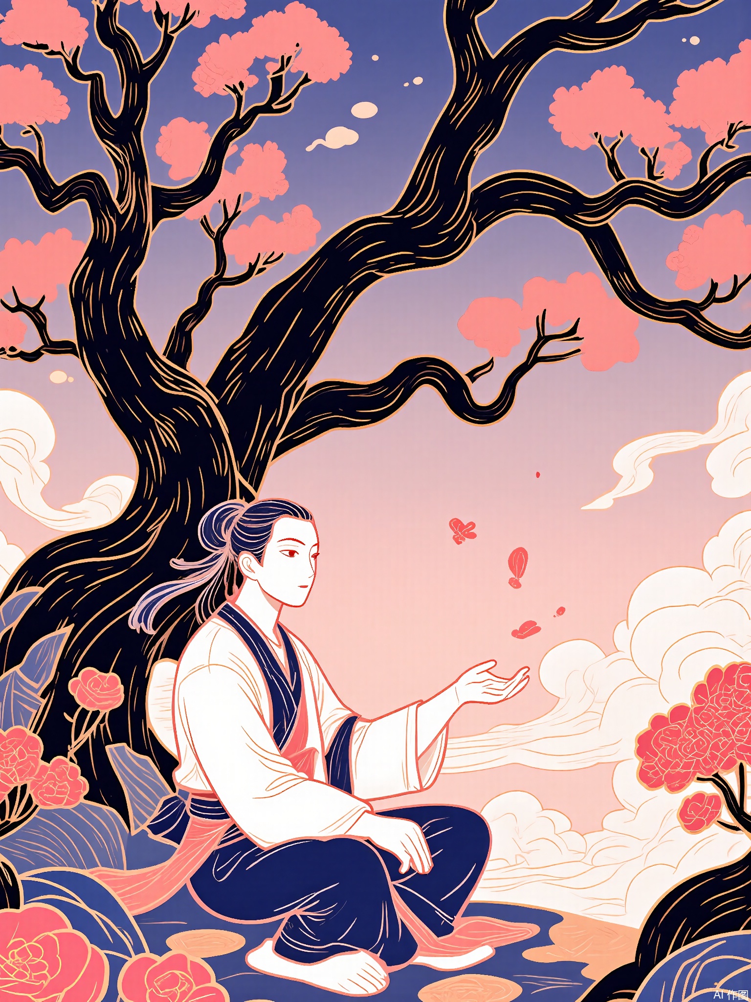 GCF,
A scholar meditates beneath a gnarled pine tree, surrounded by floating ink brushes painting cherry blossoms. The sky transitions from twilight purple to dawn peach.
