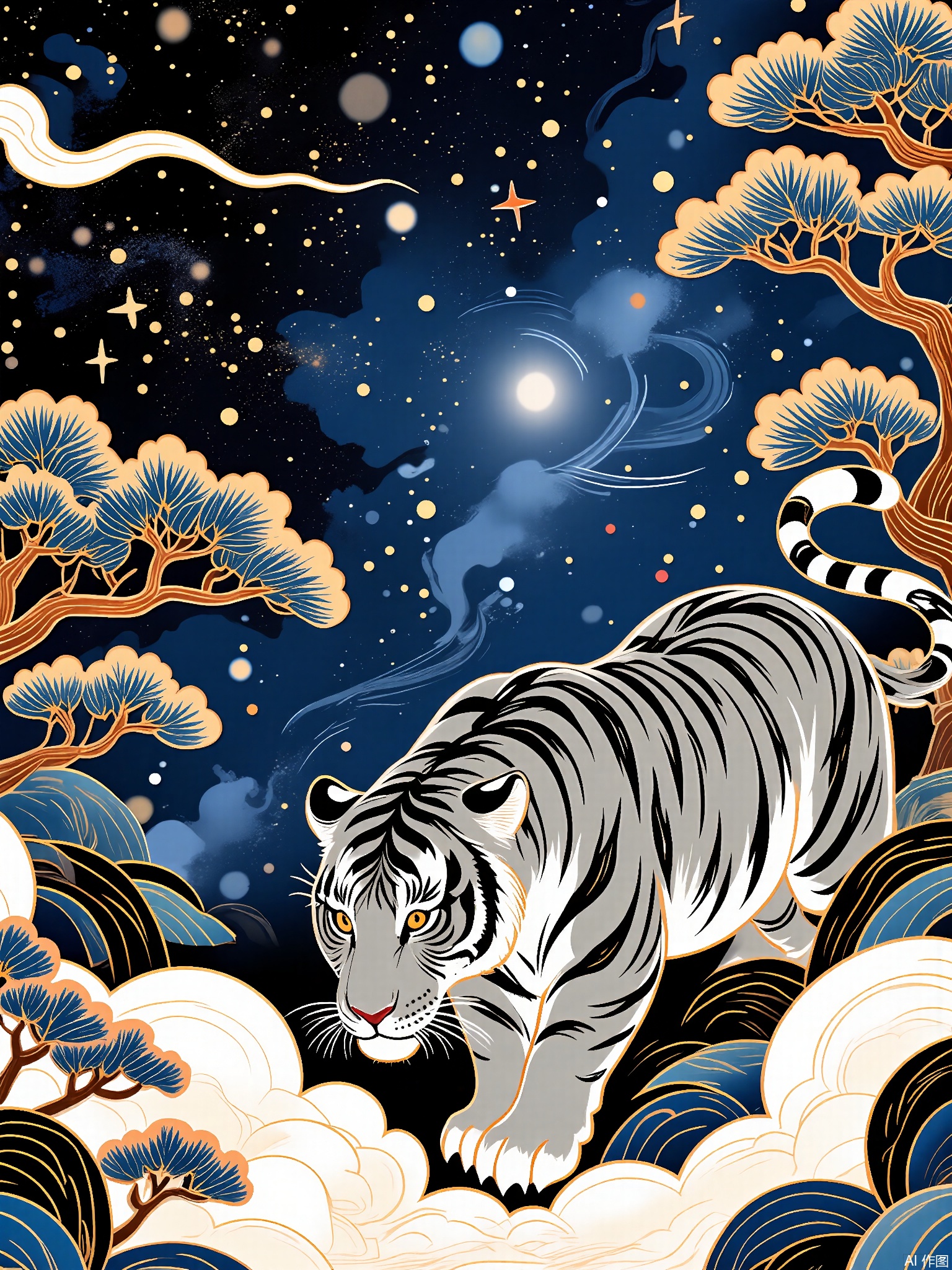 GCF,
A celestial map of the Milky Way forms the body of a crouching tiger, stars swirling into ink brushstrokes. The foreground shows a bonsai tree with galaxy-patterned leaves.
