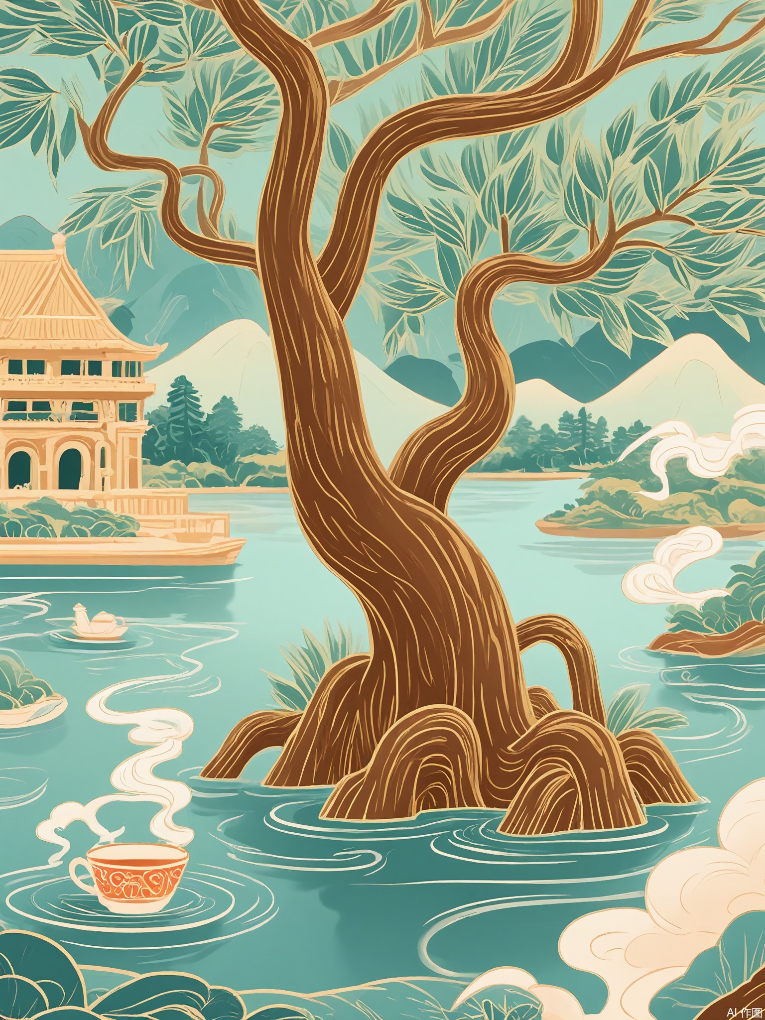 GCF, A tea set floats above a tranquil lake, its steam creating calligraphic brushstrokes. The shoreline features willow trees with roots shaped like ancient oracle bones.
