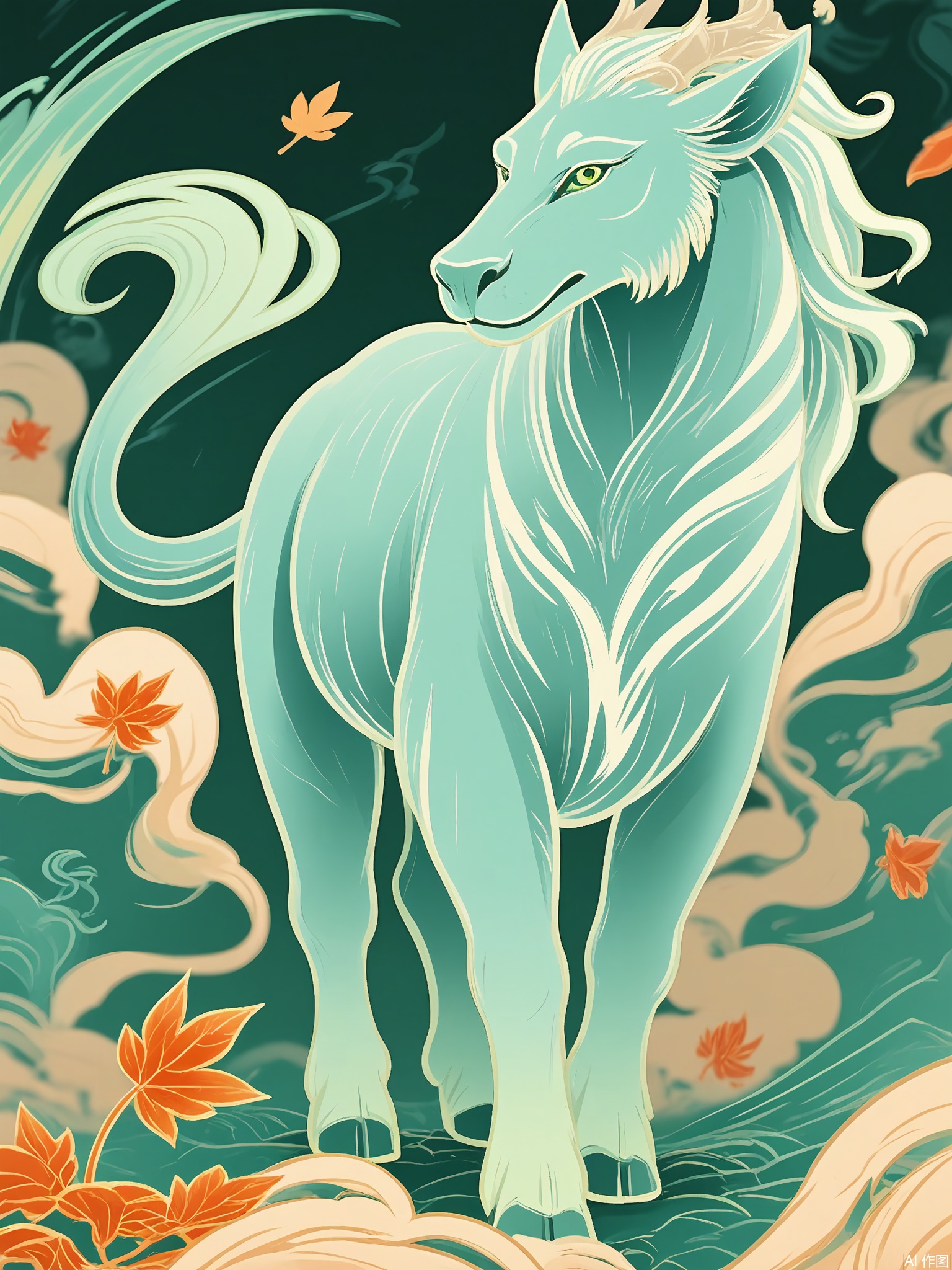 GCF, A armored general astride a mythical qilin steed charges through a storm of falling maple leaves. The ground cracks with jade-green energy waves beneath their hooves.
