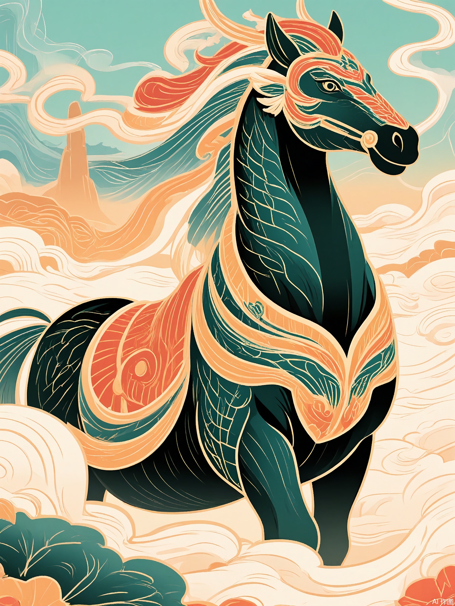 GCF, A warrior maiden rides a galloping horse through a field of floating porcelain shards. The horizon blends sunset hues with abstract dragon scale textures in gold leaf.
