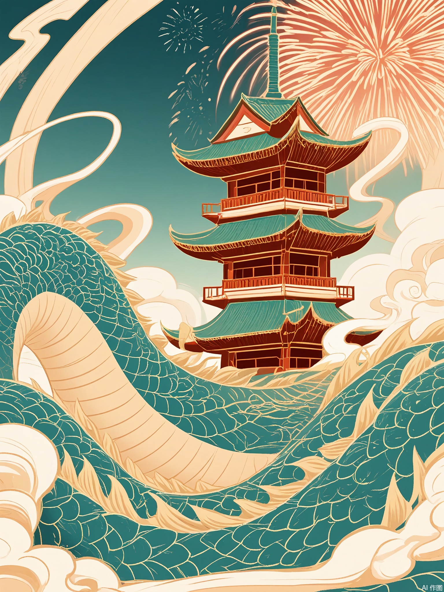 GCF, A cerulean dragon coils around a pagoda tower, its scales shimmering with mother-of-pearl textures. The sky erupts in fireworks shaped like ancient coins and calligraphy scrolls.
