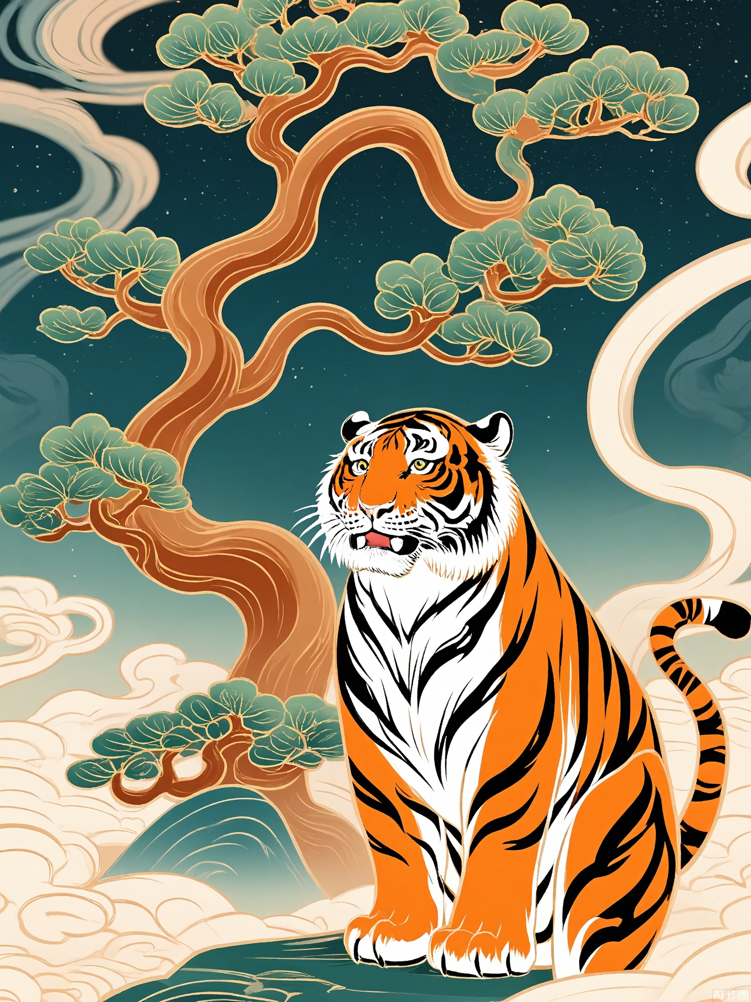 GCF, A celestial map of the Milky Way forms the body of a crouching tiger, stars swirling into ink brushstrokes. The foreground shows a bonsai tree with galaxy-patterned leaves.
