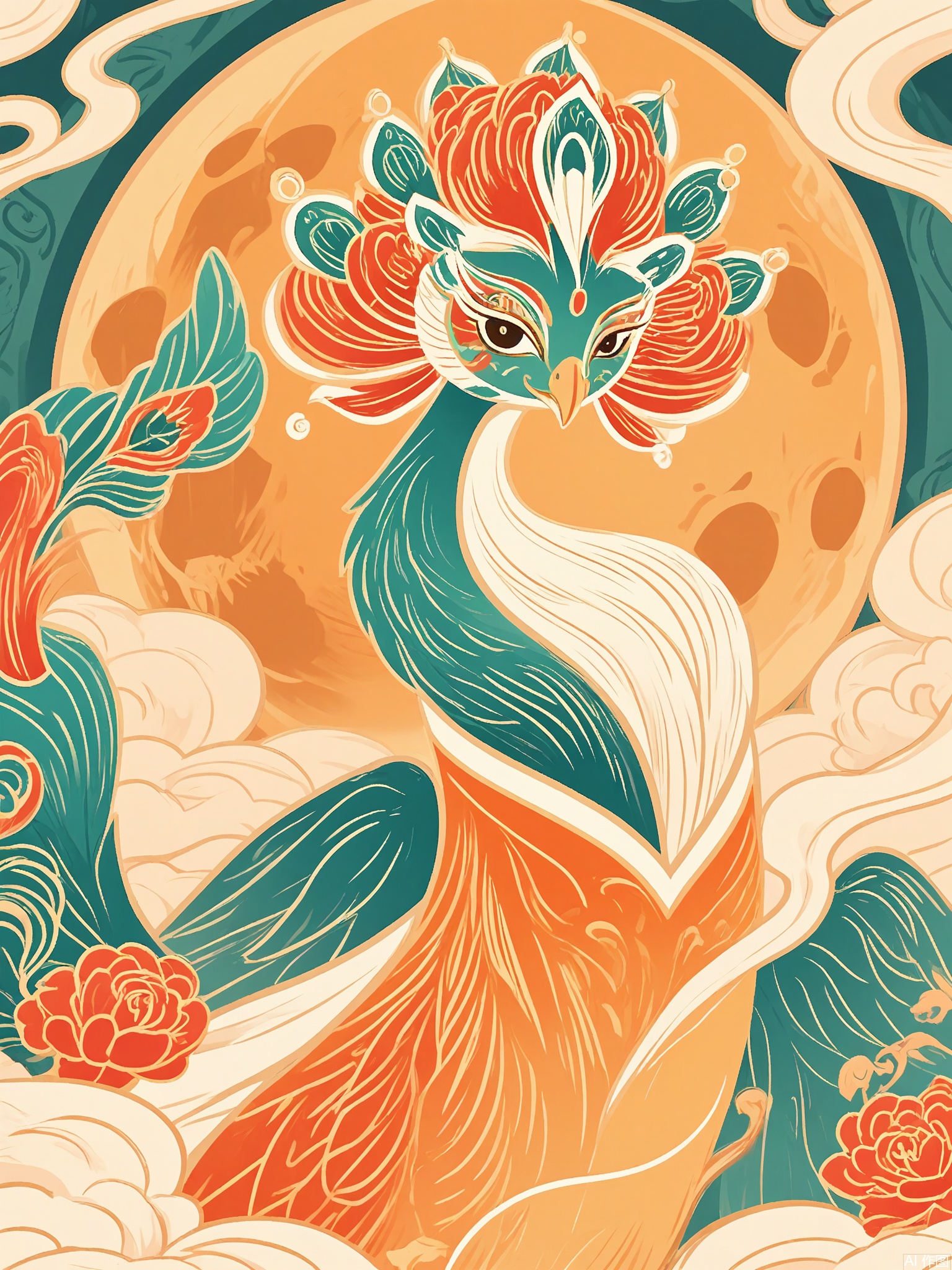 GCF, A phoenix-tailed peacock perches on a jade pedestal, its feathers transforming into burning incense trails. The scene is framed by arched moon gates filled with peony gardens.
