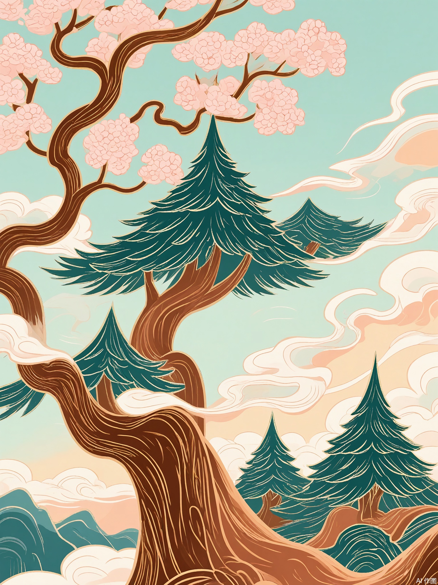GCF, A scholar meditates beneath a gnarled pine tree, surrounded by floating ink brushes painting cherry blossoms. The sky transitions from twilight purple to dawn peach.
