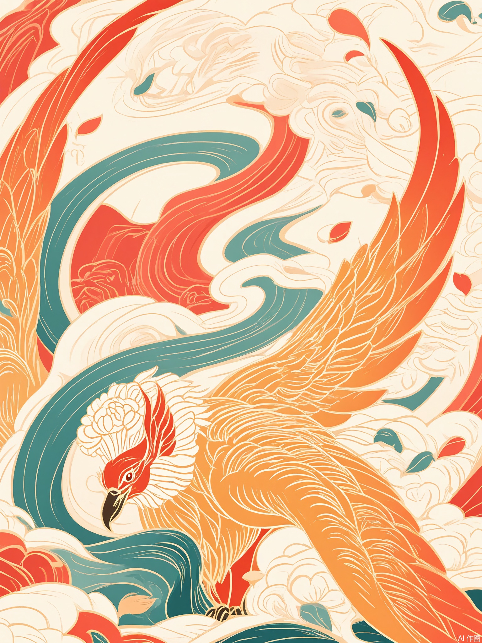 GCF, A crimson-feathered phoenix soars above a misty mountain range, its wings etched with golden cloud patterns. The background blends ink-wash peaks with floating peony petals in shades of jade and vermilion.
