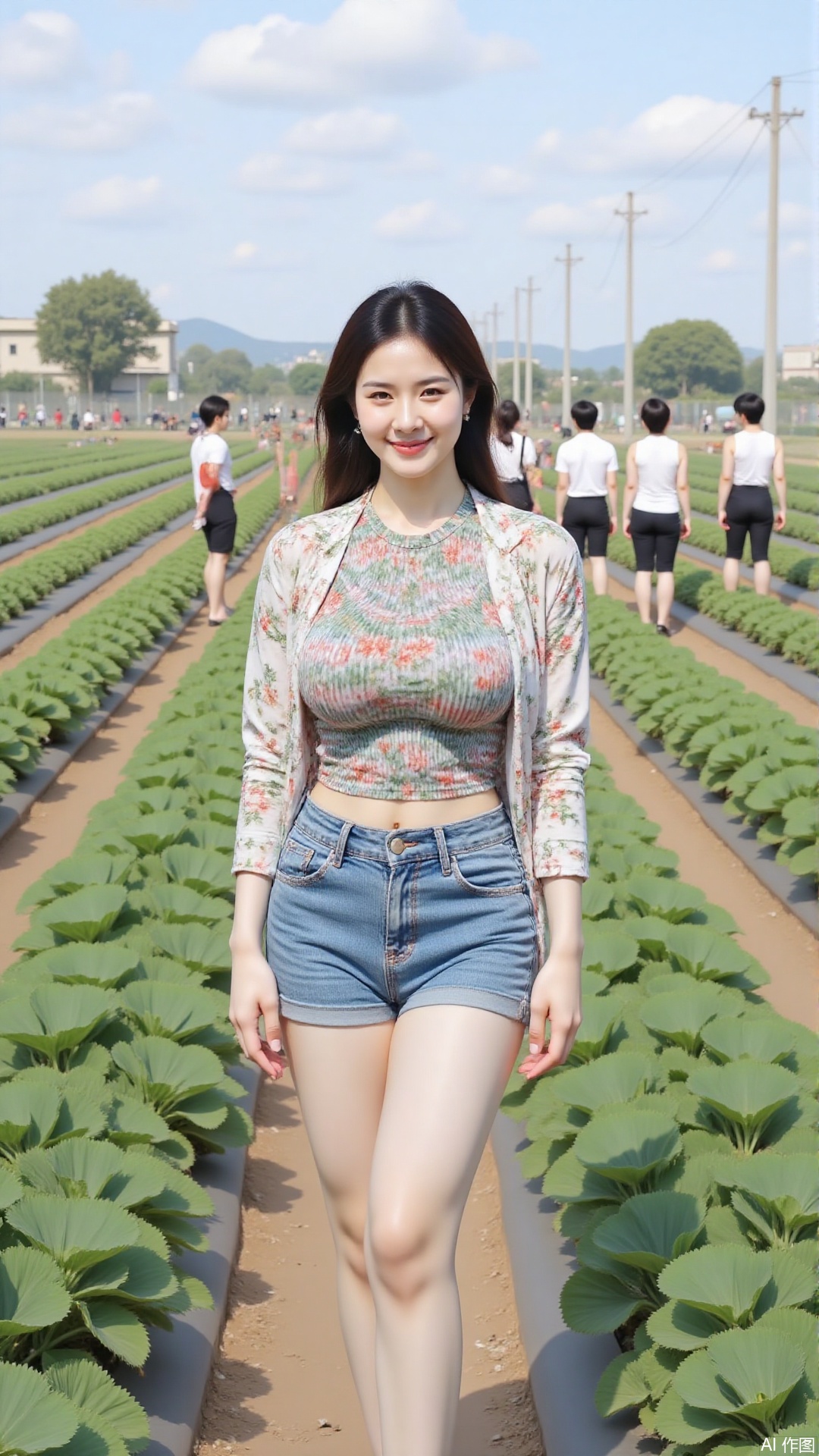 1 young woman, smiling brightly, short - sleeved top with patterns, short printed jacket, jeans, brightly - colored clothes, well - fitting, graceful figure, strawberry field, full of strawberries, farmers working, natural and rustic rural scene, the woman integrated with the scenery, urban fashion sense and rural leisurely atmosphere, vivid colors, detailed environment, sharp focus, high definition, realistic style, beautiful composition, best quality,masterpiece