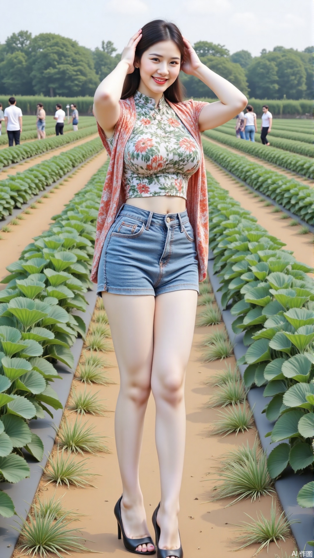 1 young woman, smiling brightly, short - sleeved top with patterns, short printed jacket, jeans, brightly - colored clothes, well - fitting, graceful figure, strawberry field, full of strawberries, farmers working, natural and rustic rural scene, the woman integrated with the scenery, urban fashion sense and rural leisurely atmosphere, vivid colors, detailed environment, sharp focus, high definition, realistic style, beautiful composition, best quality,masterpiece,girl