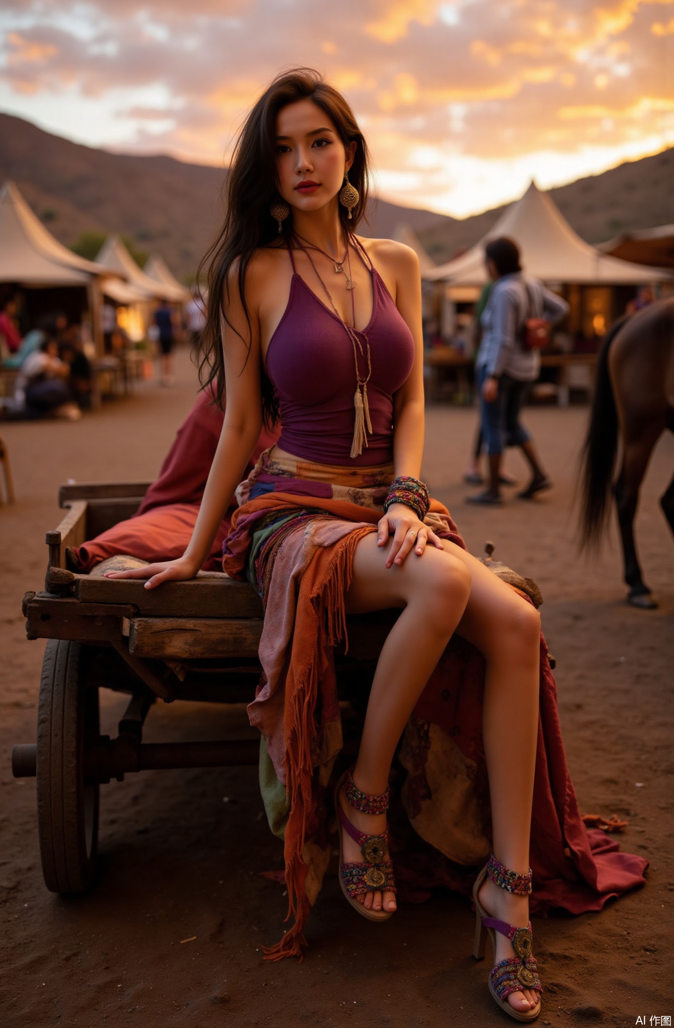 A real photo of 1 girl with long flowing hair, fair skin, big breasts, bare shoulders, having brass - made hummingbird earrings, a loose - fitting gypsy top in a riot of colors - a mix of red, purple, and orange. The top has fluttery sleeves and is adorned with tassels and small, jingling bells. She wears a long, multi - tiered skirt in various earthy tones, with patches of different fabrics sewn together in a haphazard yet charming way. On her feet are colorful, beaded espadrilles. She is sitting on a rickety wooden cart in a bustling gypsy encampment. Tents of different shapes and sizes are pitched around her, and there are horses tied nearby, their harnesses jingling. Campfires are burning, and people are going about their daily activities. The background is a hilly landscape with a sunset painting the sky in warm oranges, pinks, and purples. The light is a soft, golden glow, creating a lively and vibrant atmosphere. The overall color tone is a wild and energetic medley of colors, with a strong gypsy flavor, and the details of her clothing, like the beading on the espadrilles and the tassels on the top, are carefully crafted.