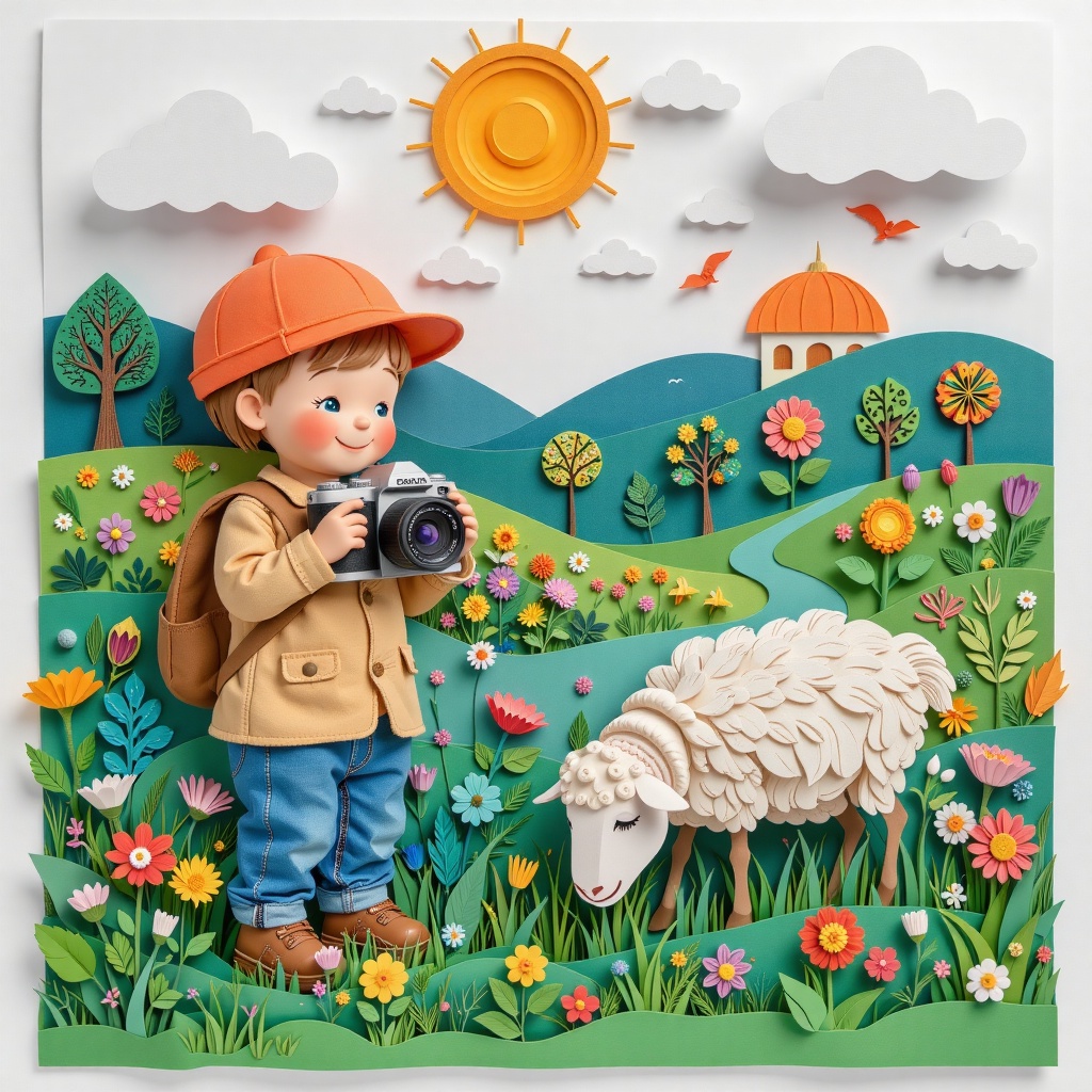 Paper Art,  a picture of a child who is holding a camera,  photographs a sheep who is eating grass in grass on Tensor.Art