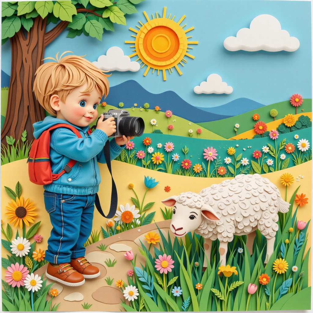 Paper Art,  a picture of a child who is holding a camera,  photographs a sheep who is eating grass in grass on Tensor.Art