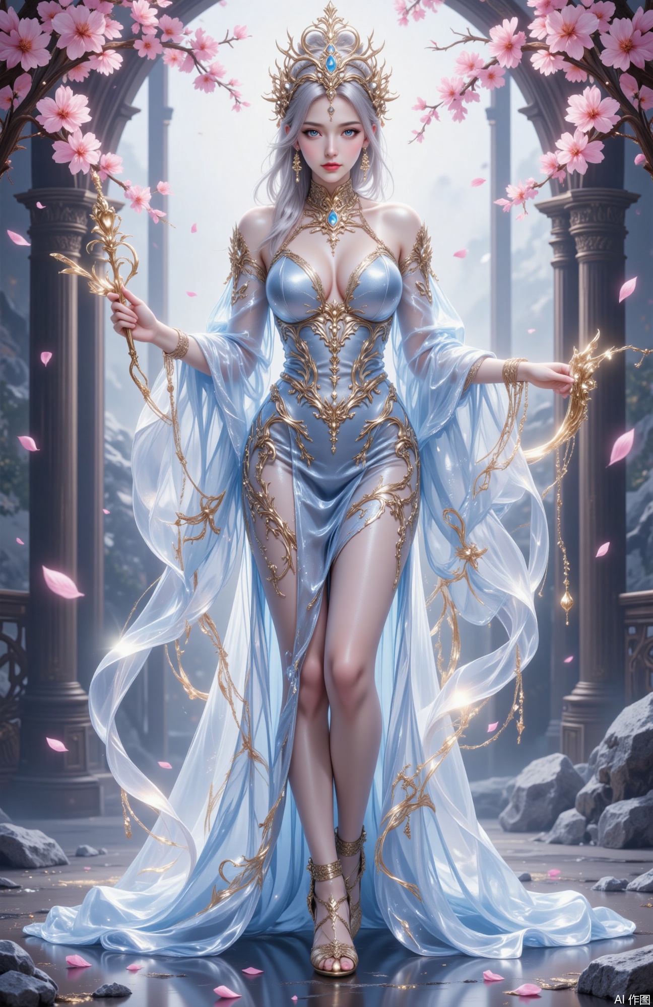 The image depicts a beautifully rendered anime-style character standing in an elegant outdoor setting. The character is dr...