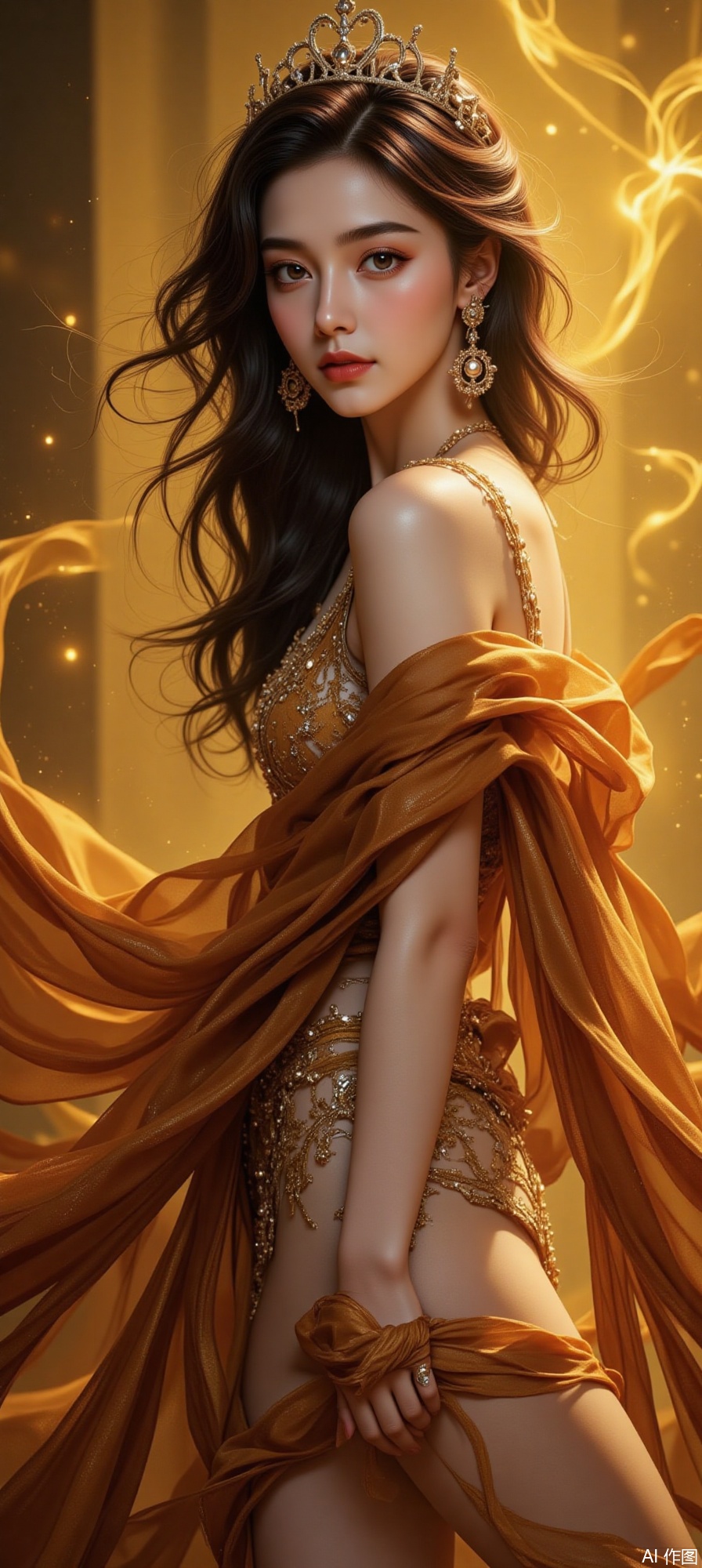 An elegant woman in a sheer lace gown and flesh-colored pantyhose, infused with a vintage oil painting style, surrounded by warm yellow soft-focus light. The soft materials of lace and pantyhose, combined with cinematic rendering, feature rich vintage brown and red tones. With the rule of thirds composition and a 45-degree side view, it showcases lazy and charming curves..,surrealism,digital-art,double-exposure
