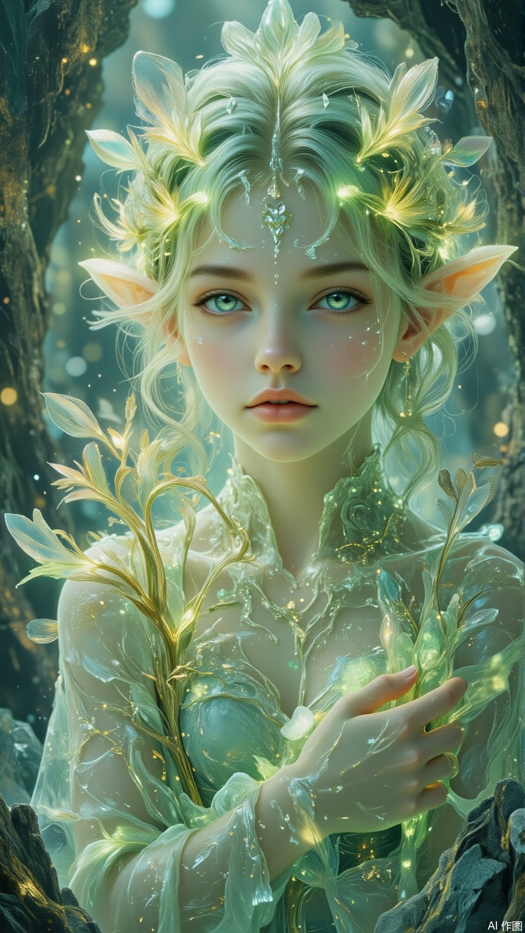 An elven girl with semi-transparent skin holds a glowing crystal tree and is situated in a floating crystal cave. Pale green rim light seeps through the cracks of the cave, illuminating her eyes that shimmer with faint light. With a soft color scheme of mint green and pearl white, combined with the rule of thirds composition, a high-definition visual feast of surrealism with delicate and realistic rendering is achieved..,surrealism,digital-art,double-exposure